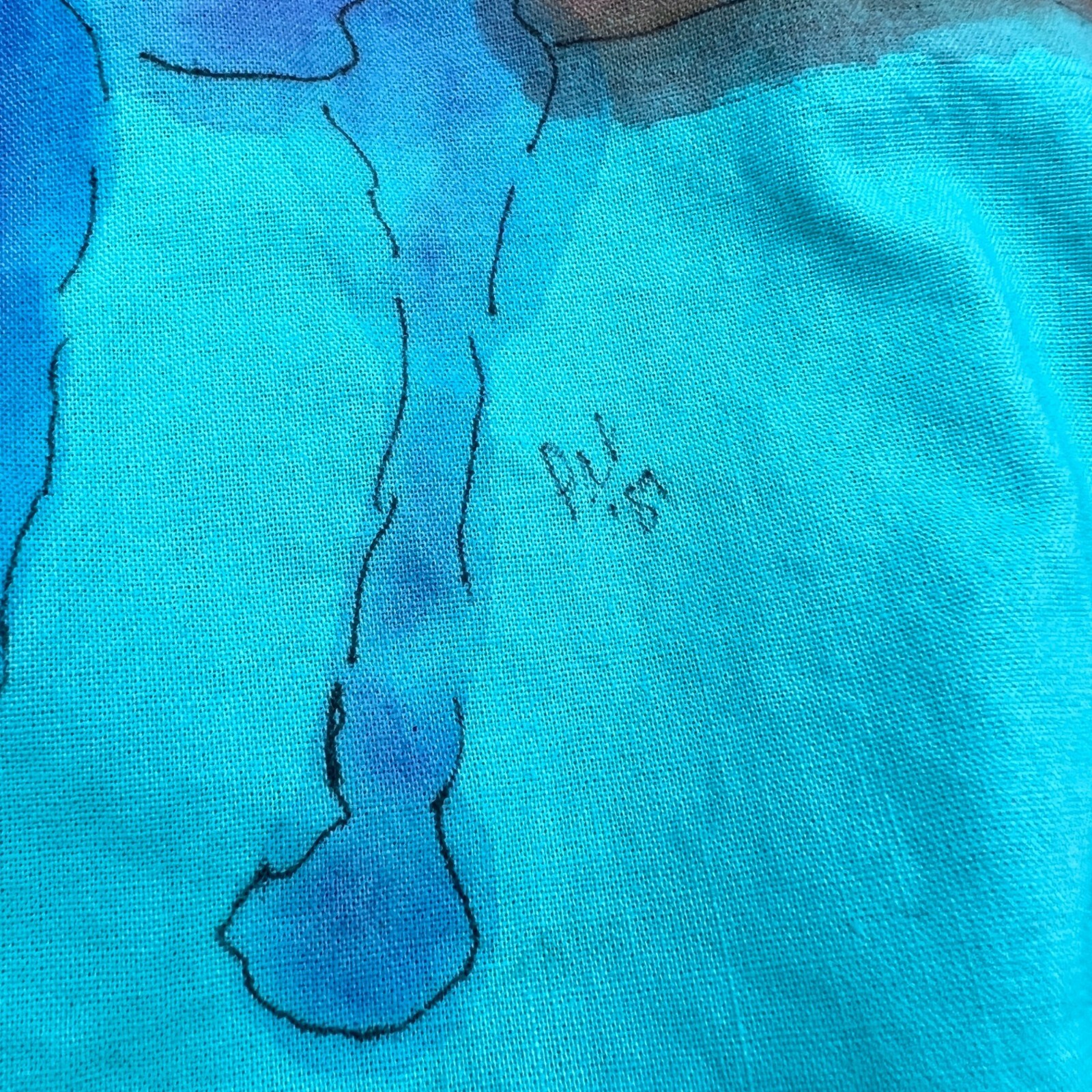 Vintage 80s Cotton Turquoise Blue Hand Painted Native American Watercolor Size L