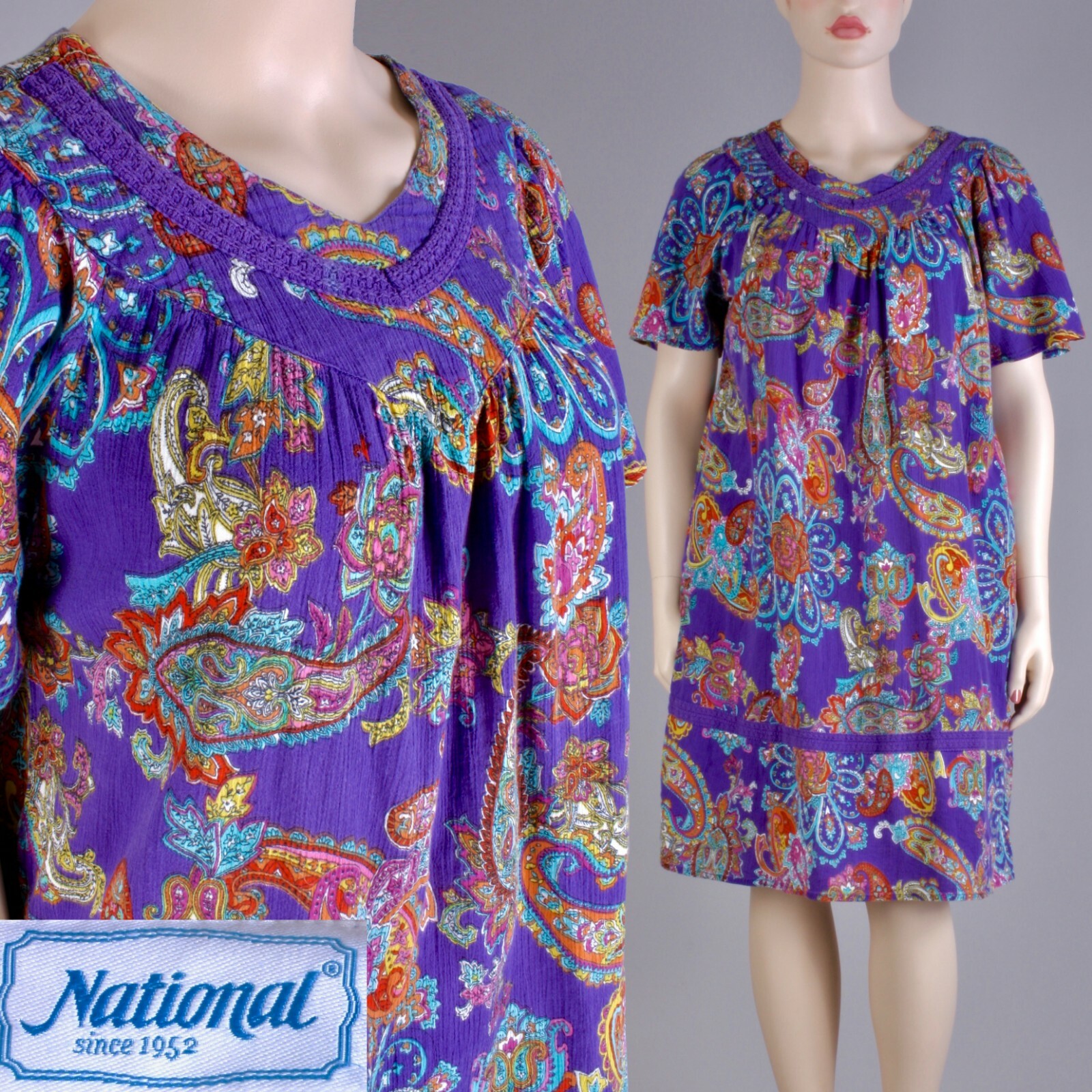 Plus sz 1X Vintage 70s Purple Paisley Hippie Mod Mini Nap Dress w Pockets