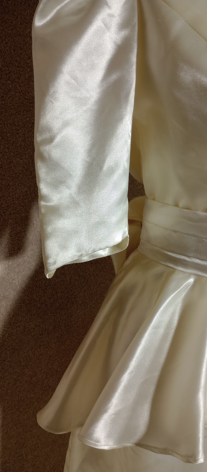 Vtg 80s Nu-Mode Satin Peplum Tea Length Wedding Dress Bow Open Back Size 5 / 6