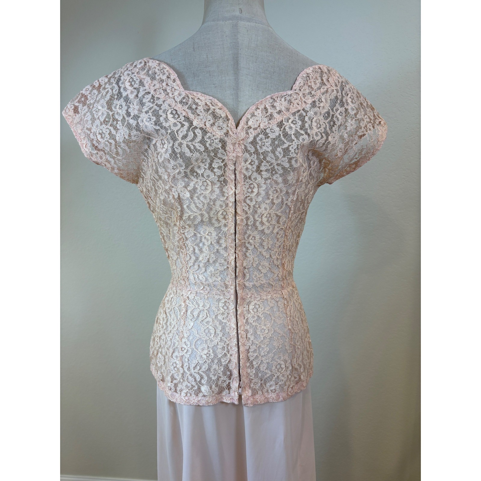 Vtg 50s Lace Top Scarf Slip Set S Pink 3pc Ensemble Romantic Formal cocktail