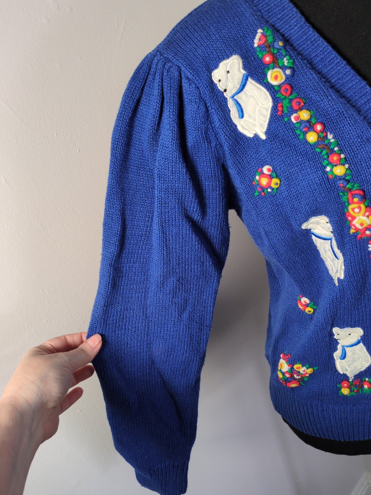 Vintage Margules Knit Cardigan Blue With Floral Embroidery, White Bears Women M