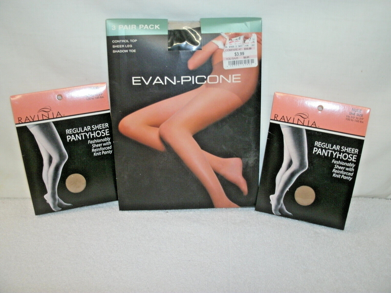 Vtg Pantyhose -[3 Pkgs]–Evan Picone & Ravinia–Blk/Nude–One Sz–Sheer