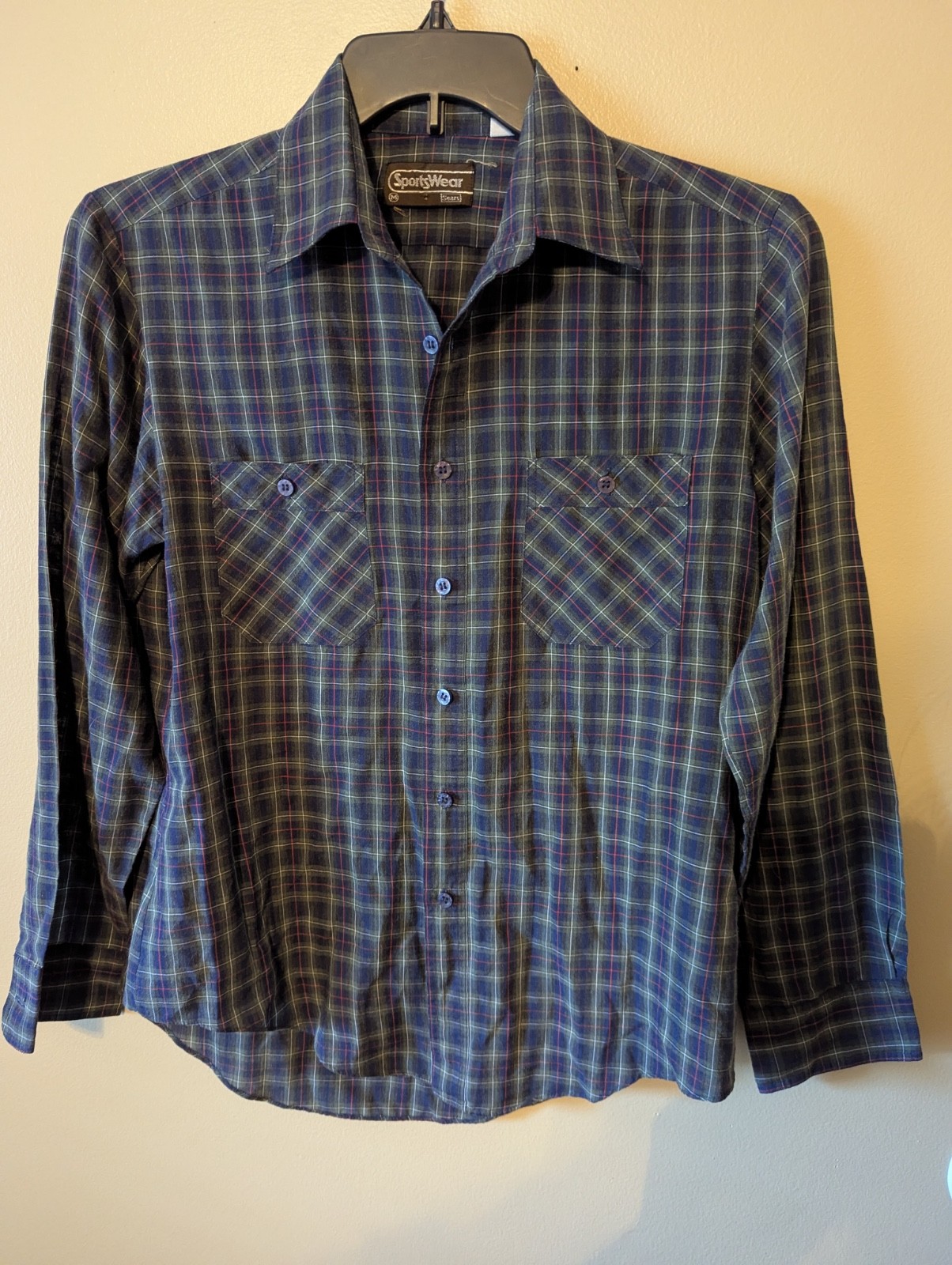 Vtg ’70s Sears Sportswear Ladies Button Down Plaid Top in Green Blue Red sz M