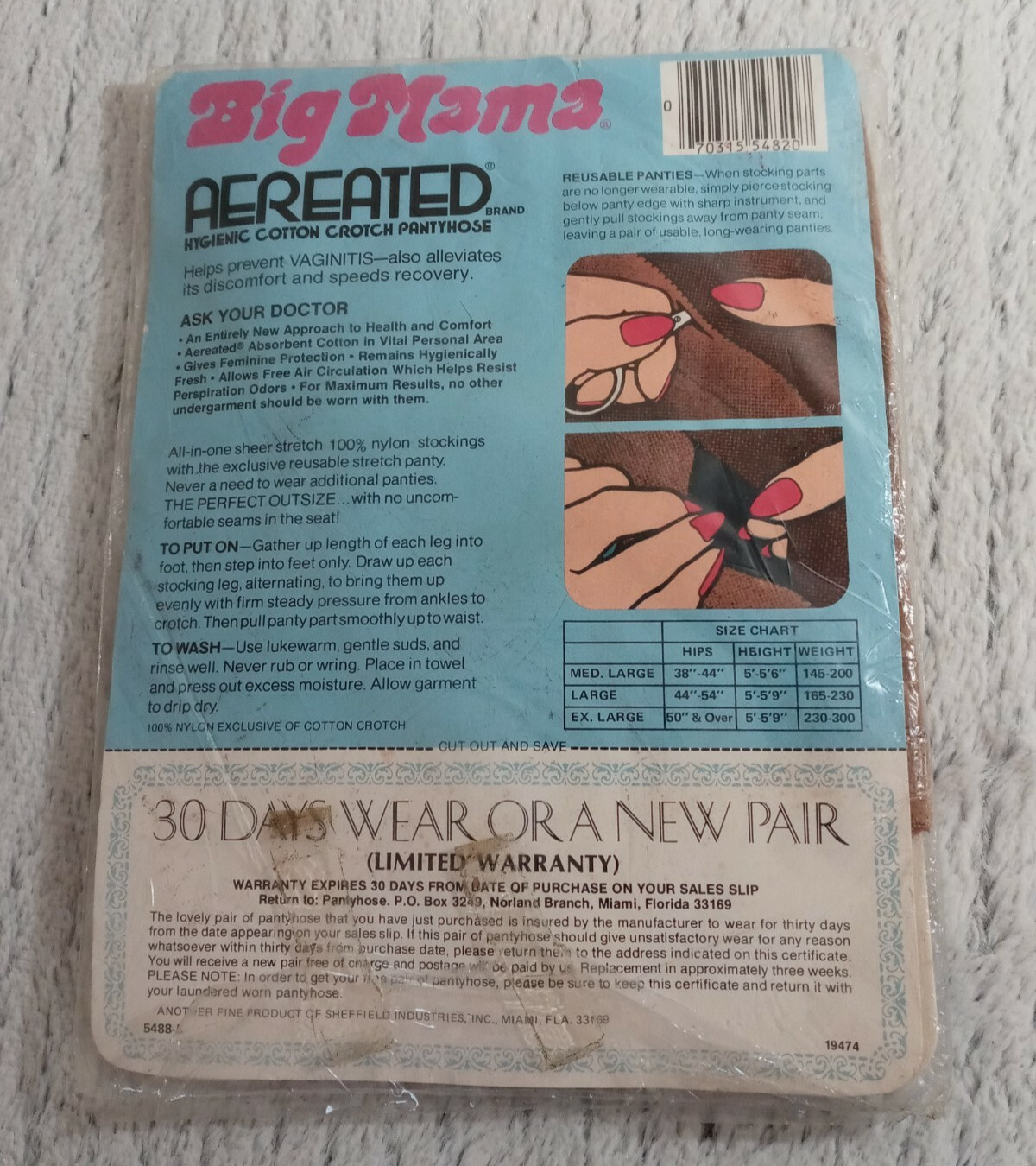 1975 Vintage Big Mama Large Pantyhose with Reusable Panty Beigetone 5488