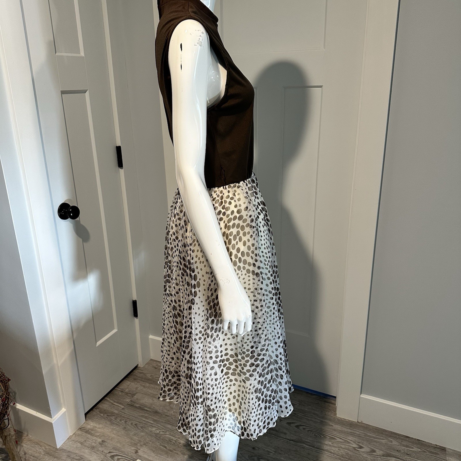 Vintage 60s 70s Jack Bryan Chocolate Brown Polka Dots Chiffon Sleeveless Dress