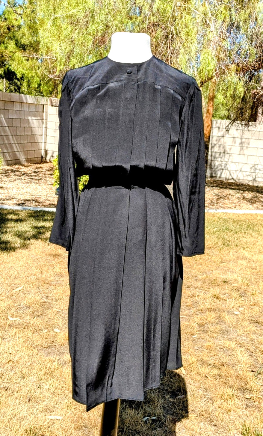 VTG Black Silk Charles Bianco Italian Collection Blouson Pleated Midi Dress EUC