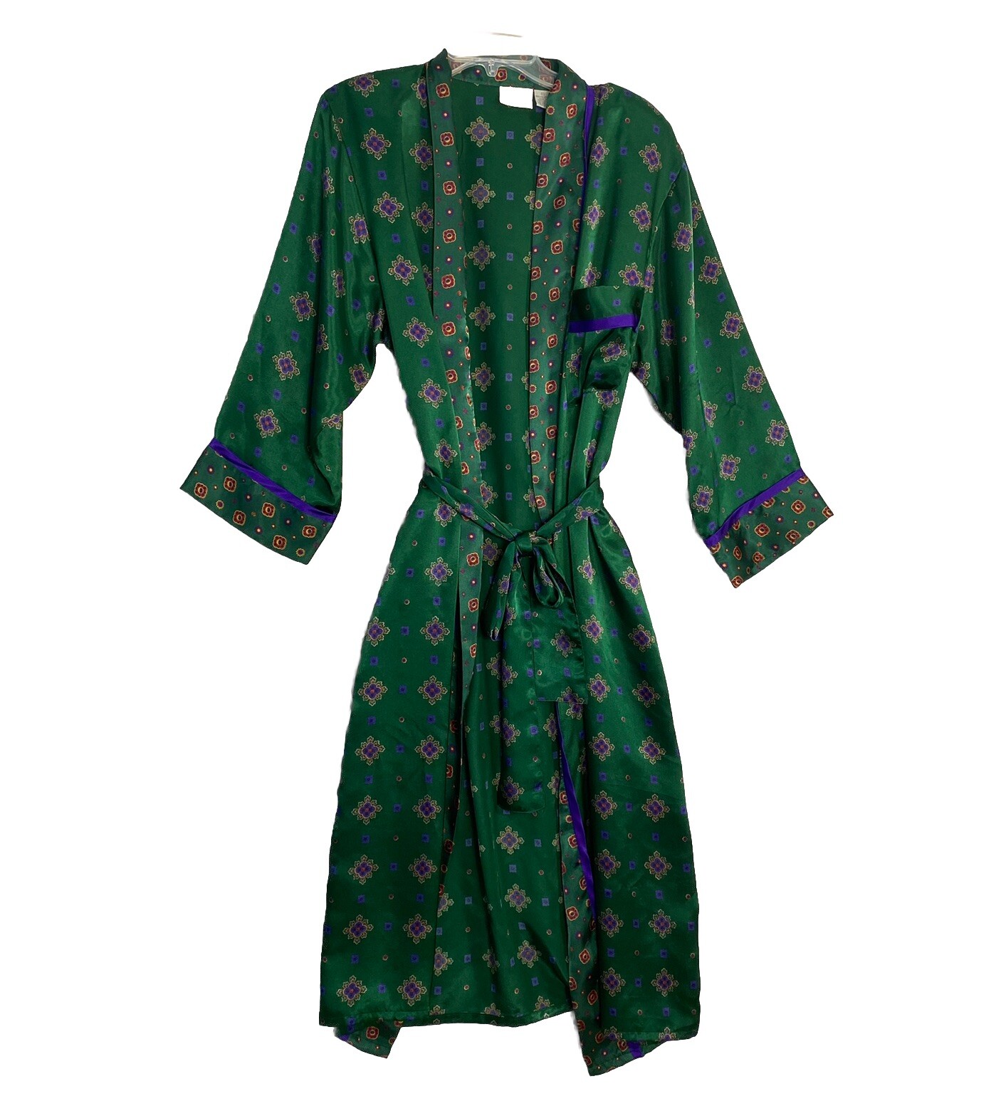 VTG Kimono ROBE Lingerie Size S Green Geometric Belted Women’s Satin Pocket