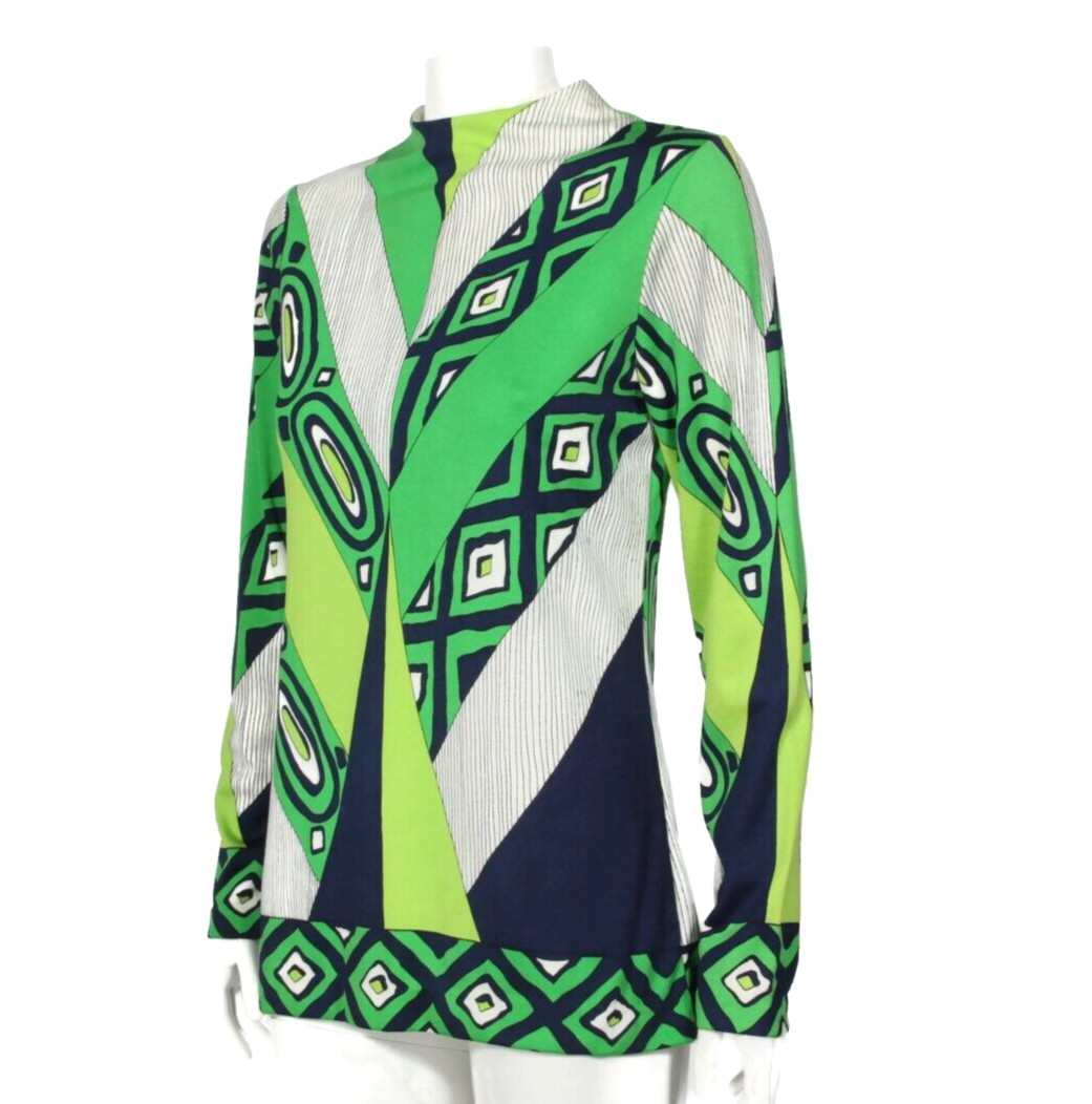 SPORTEMPO Psychedelic Green Blue Mod Geometric Zip Back Top sz M /863