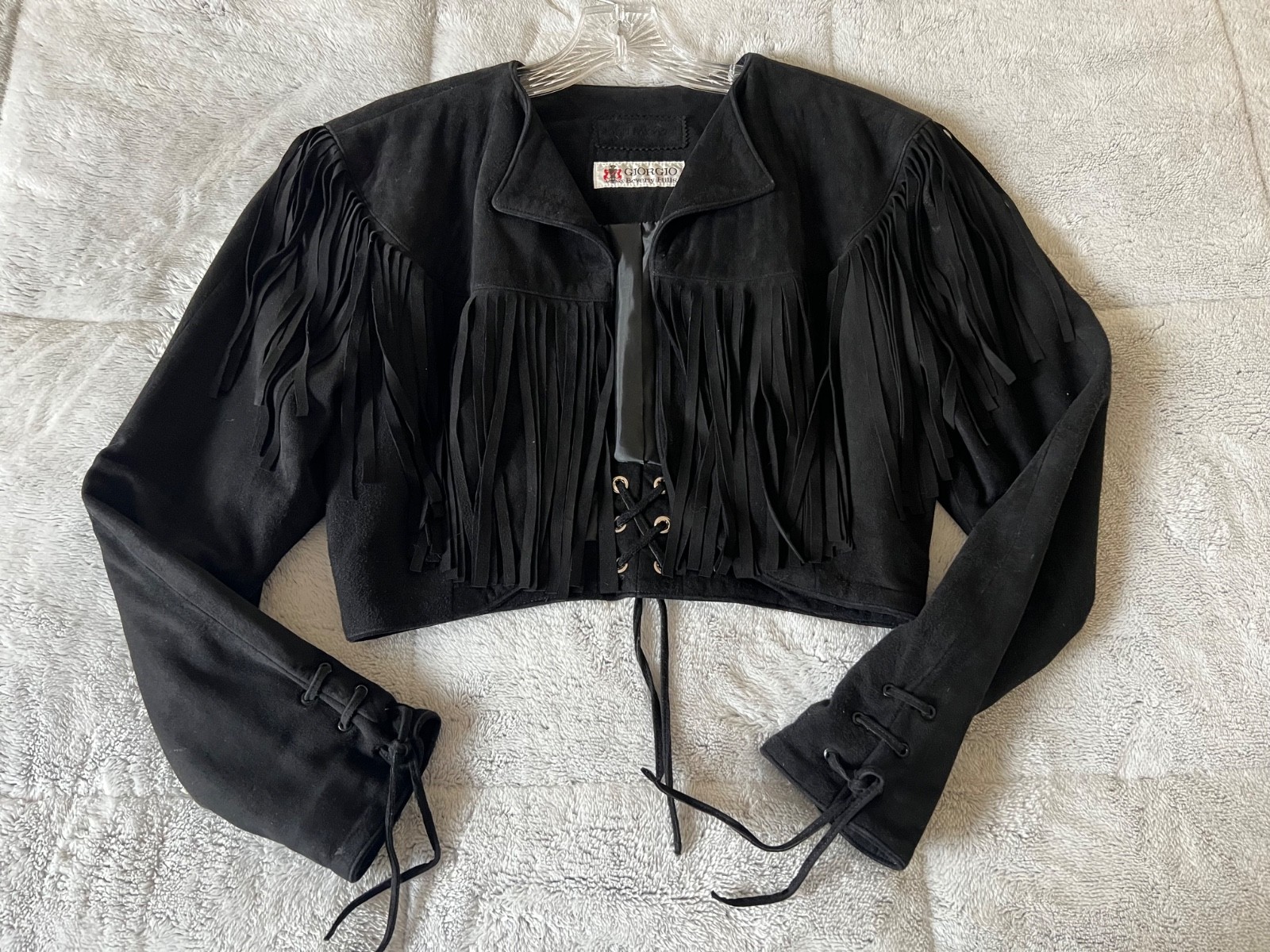 Giorgio of Beverly Hills Women’s SZ S Black Fringe Suede Leather Bolero Jacket