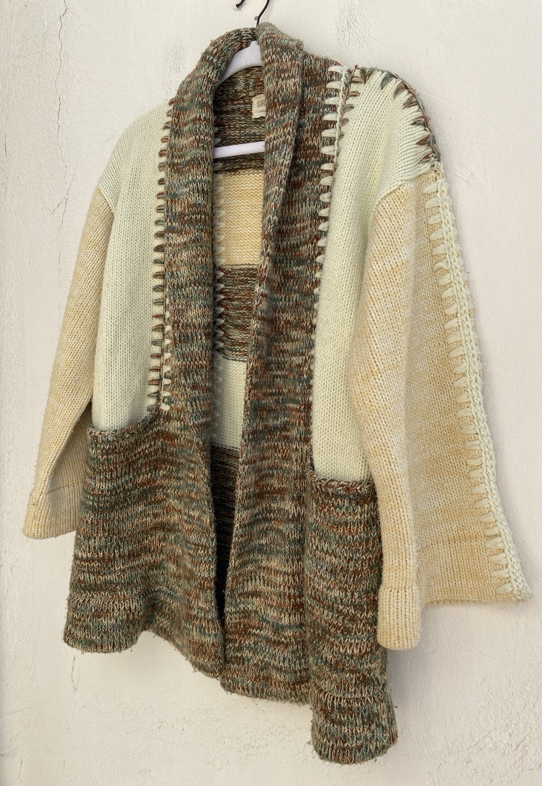 Vintage 70s Sirocco M Cotton Blend Heavy Knit Wrap Cardigan Sweater Boho Hippie