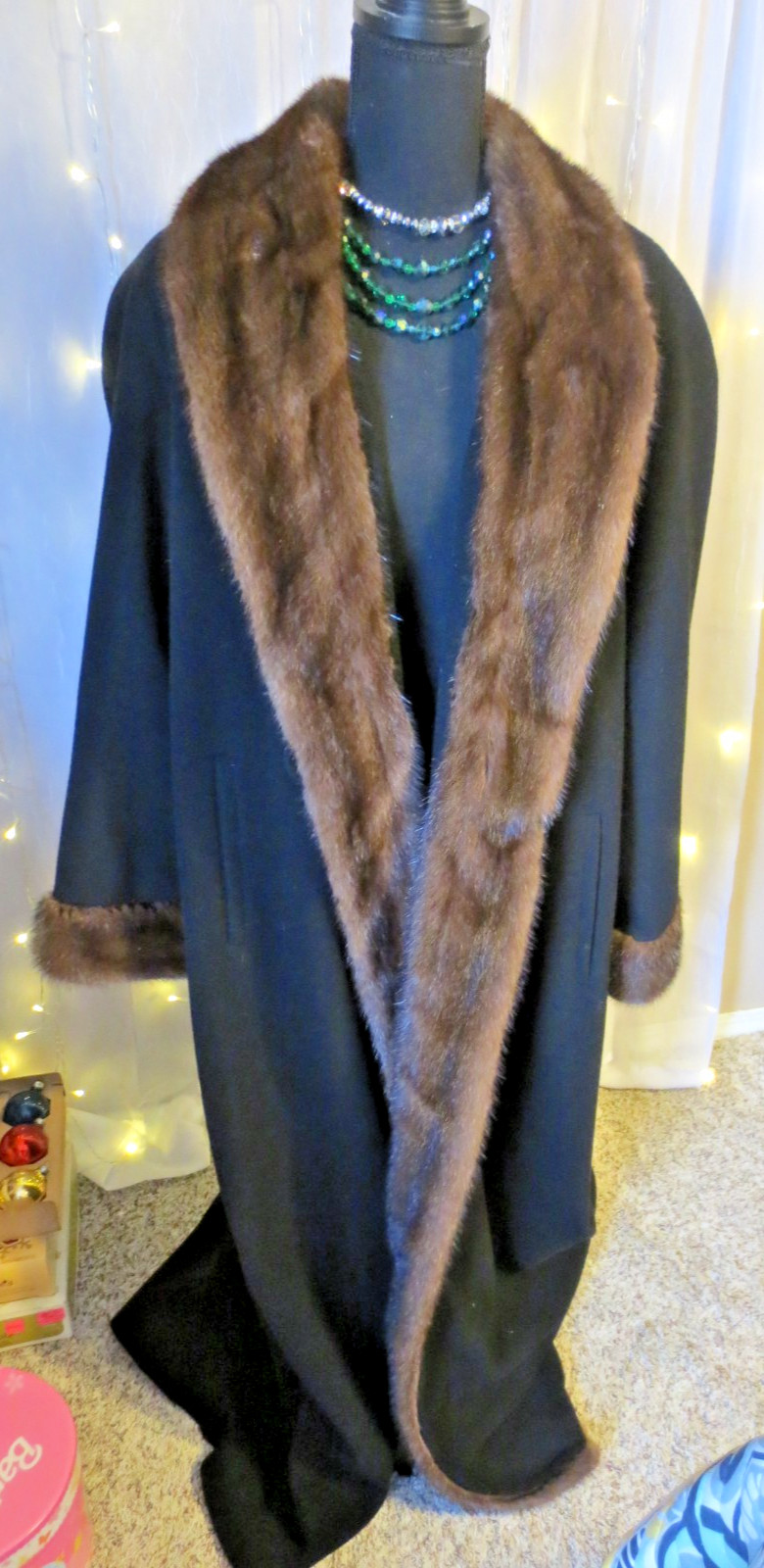 Vintage Gorgeous Marvin Richards Full Length Wool & Mink Fur Coat L-XL 53 „LONG
