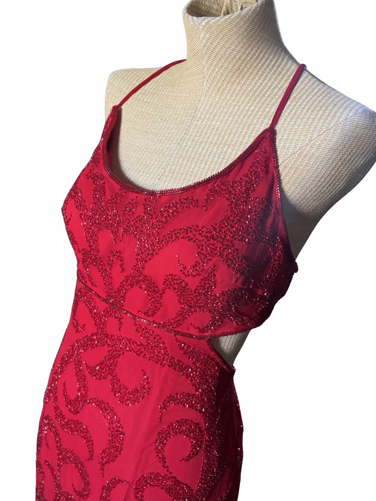 Vintage 90s Y2K Sean Collection Silk Beaded Backless Gown Dress Red Formal Prom
