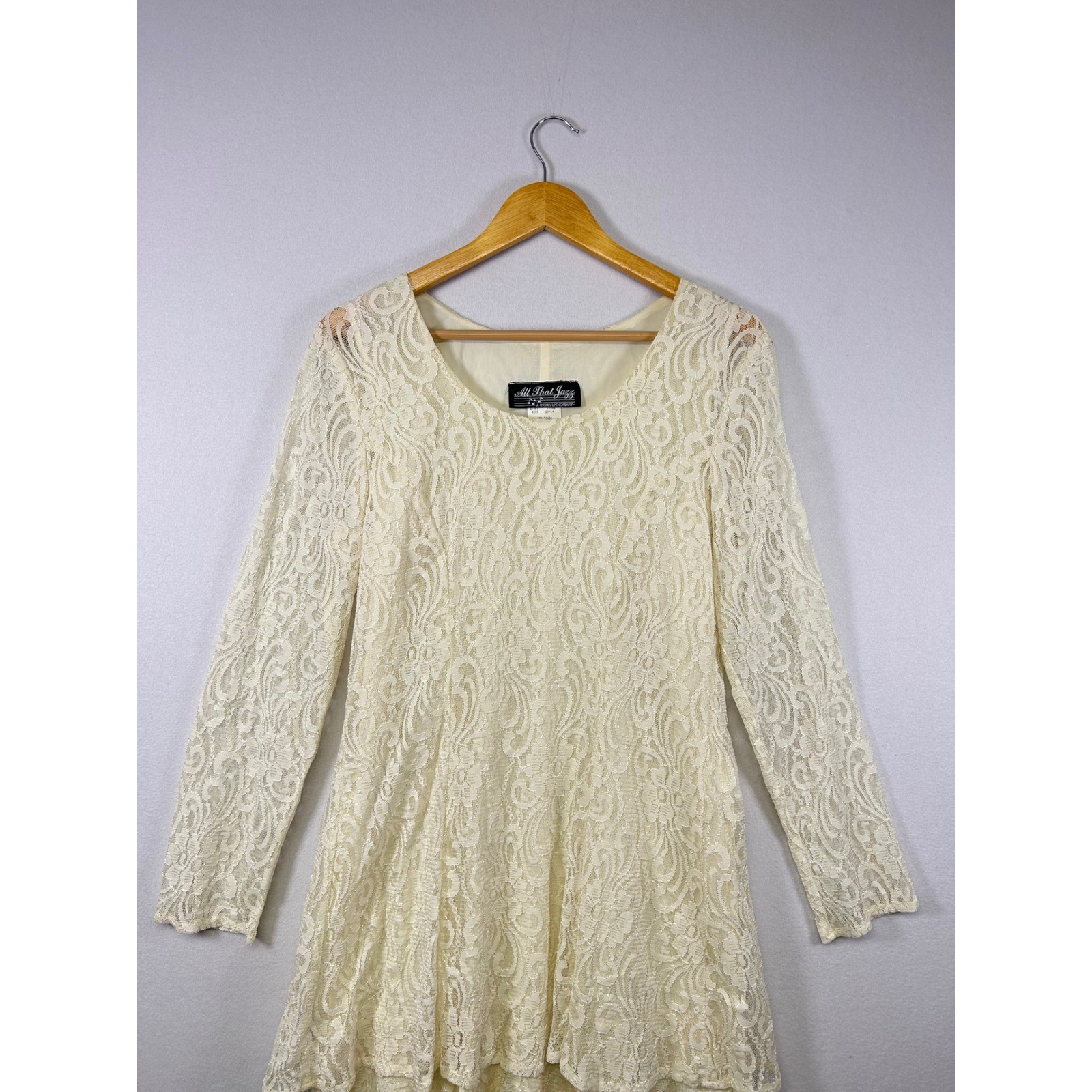 All That Jazz Lace Dress Women 13/14 Cream Ivory Vintage Tiered Long Sleeve