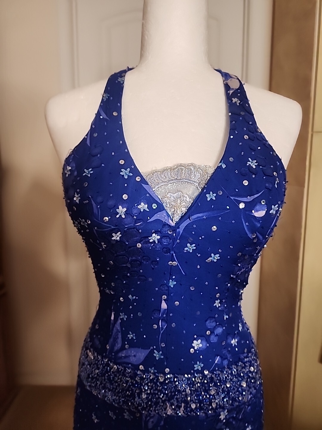 Costume Co Electric Blue Handmade Halter Dress Beaded & Sequins Broadway History