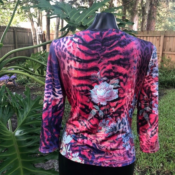 Vintage Top Animal Print Tiger Print Floral 3/4 Sleeve Fitted Women’s Size M