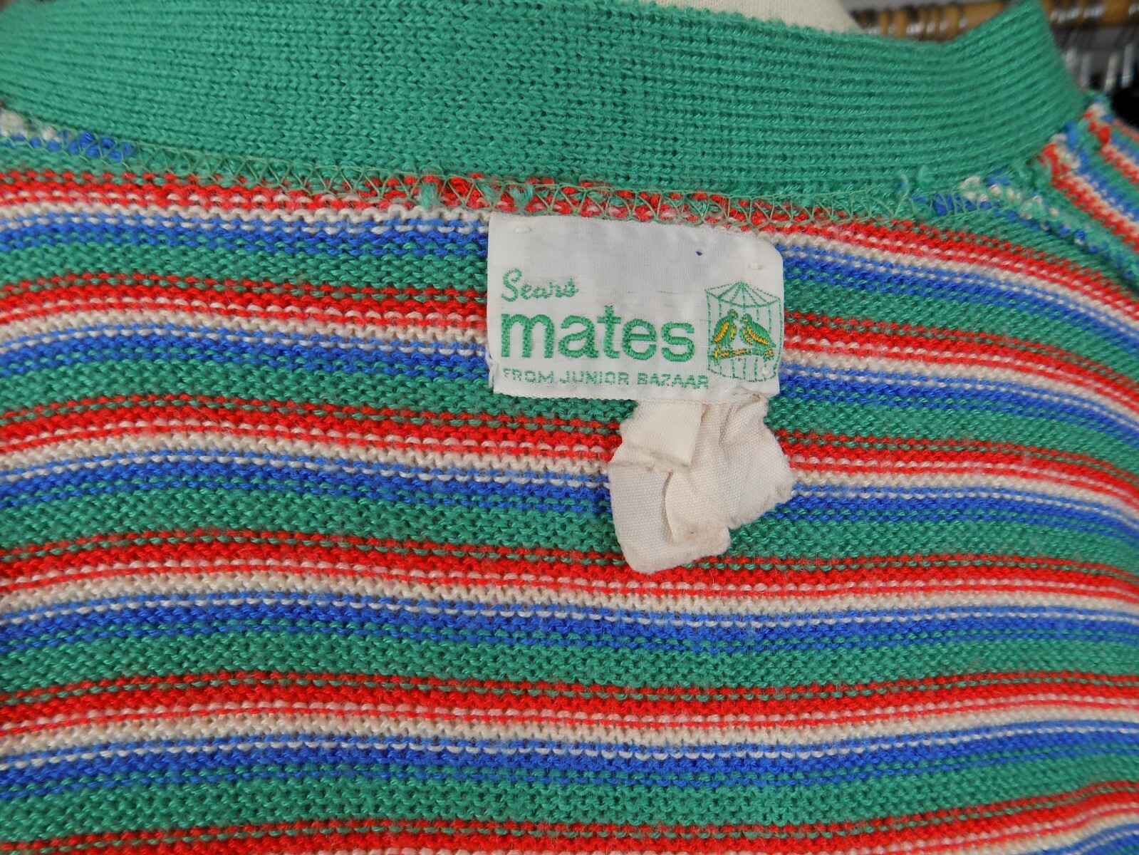 Vintage Sears Mates Junior Bizaar Green Red White Blue Striped Cardigan Medium