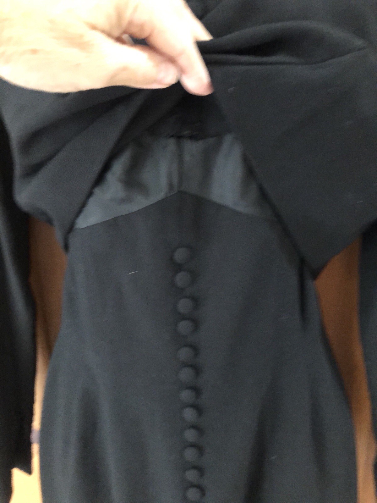 Travilla vintage 60s/70s black wool crepe dress self buttons capelet bodice S
