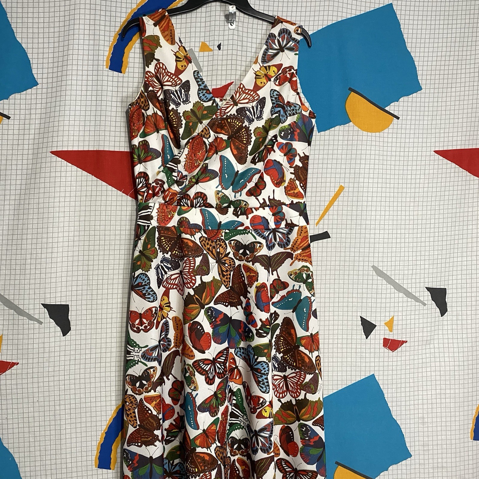 Vintage 70s Butterfly Print Maxi Dress Med Novelty Sleeveless Fit Flare Hippie