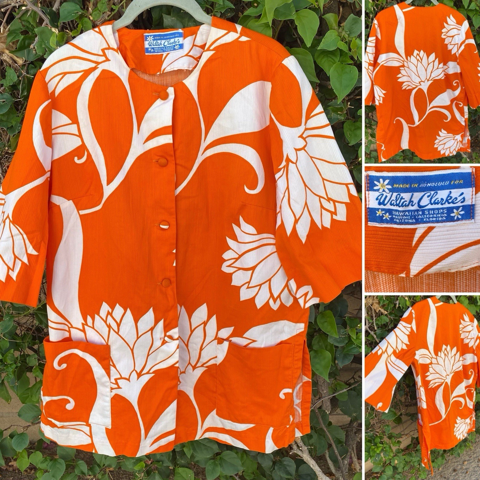 Vtg Waltah Clarkes Hawaiian Shops Shirt Pockets Tiki Mod Blouse Top Larger Size