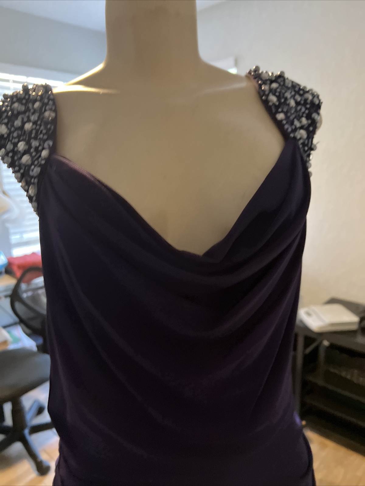 VTG MAGGY LONDON PURPLE RUCHED W/BEADED GEMS SHORT SLEEVES DRESS STUNNING xb8