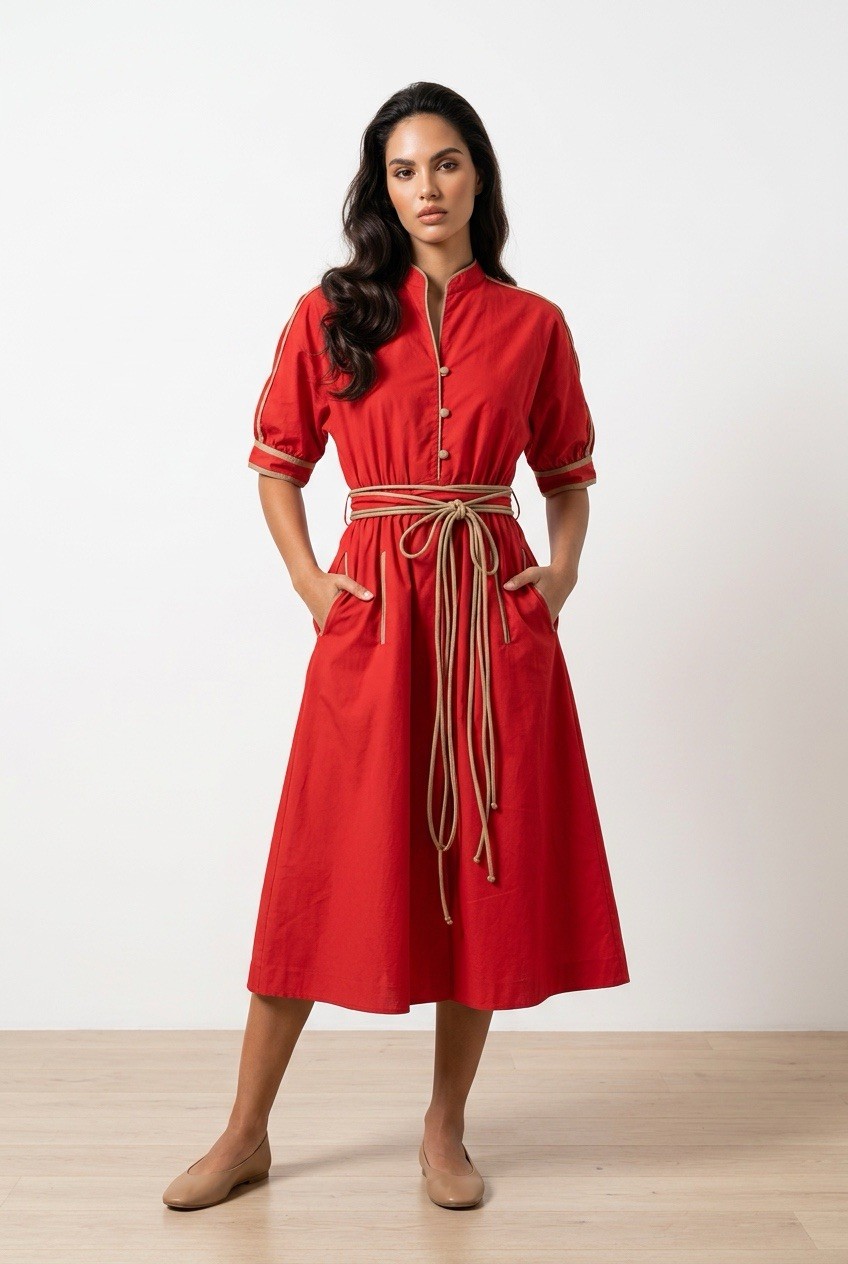 80s Vintage Red & Tan Shirt Dress Belted Button Front Fit Flare Womens Day Dress