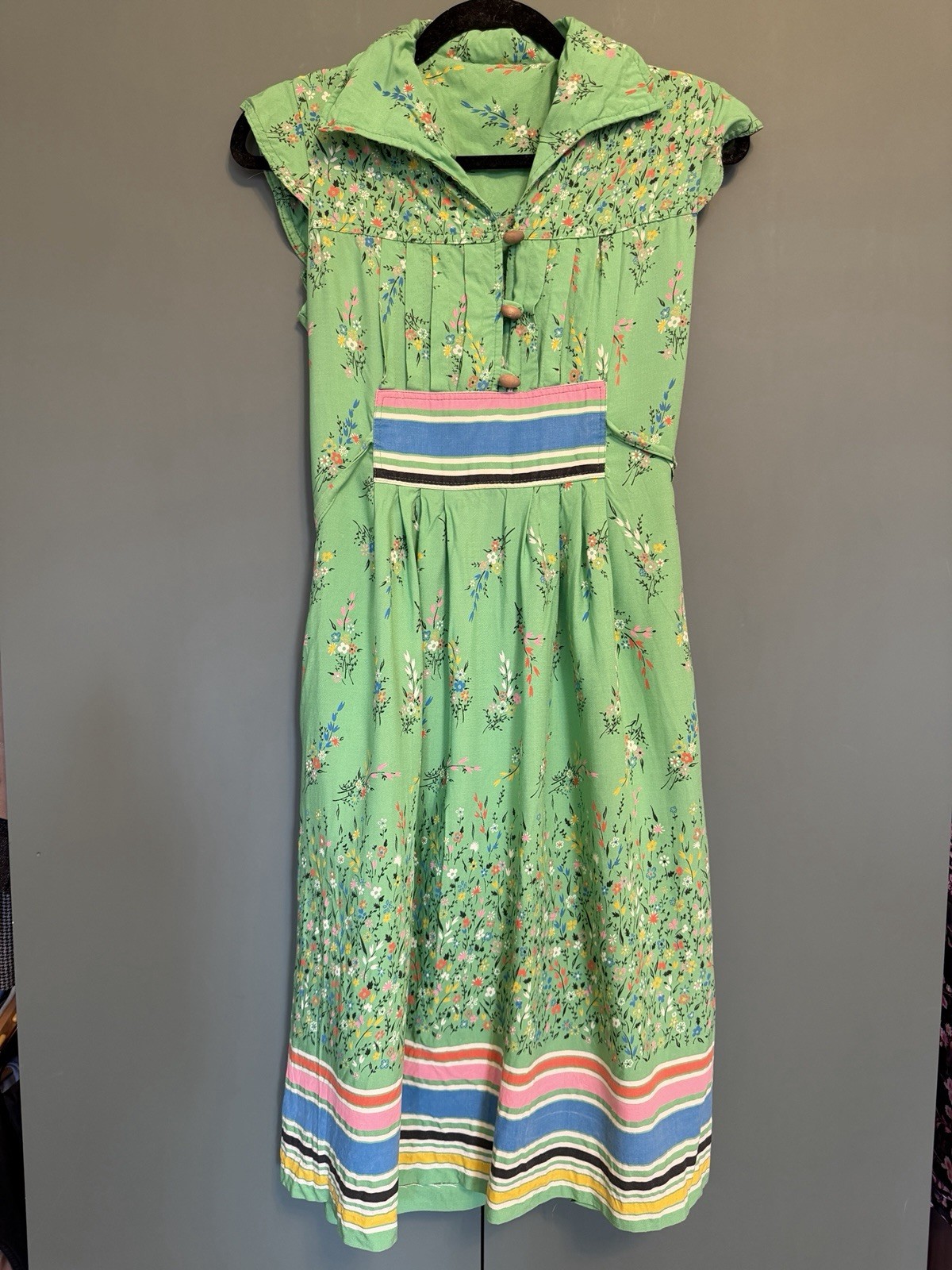 70s RAGTIME spring green floral rayon dress vintage 1970s boho peasant dress XS