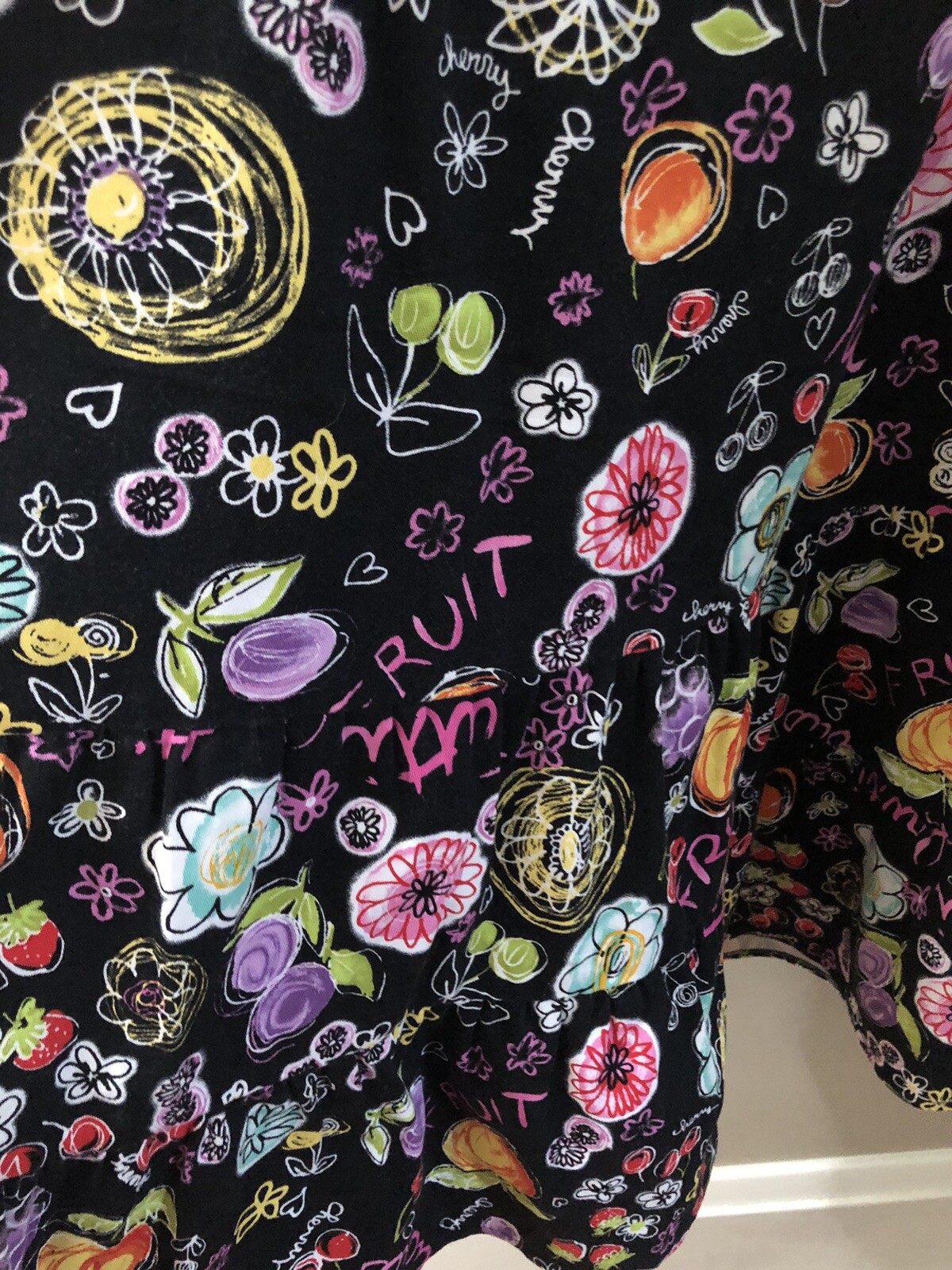 Karin Stevens Black Tiered Sundress Size 10 Colorful Fruit Cherry Smocking Fun
