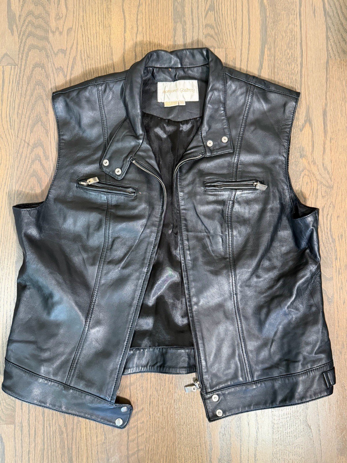 Vintage Margaret Godfrey Black Genuine Leather Vest Size Extra Large