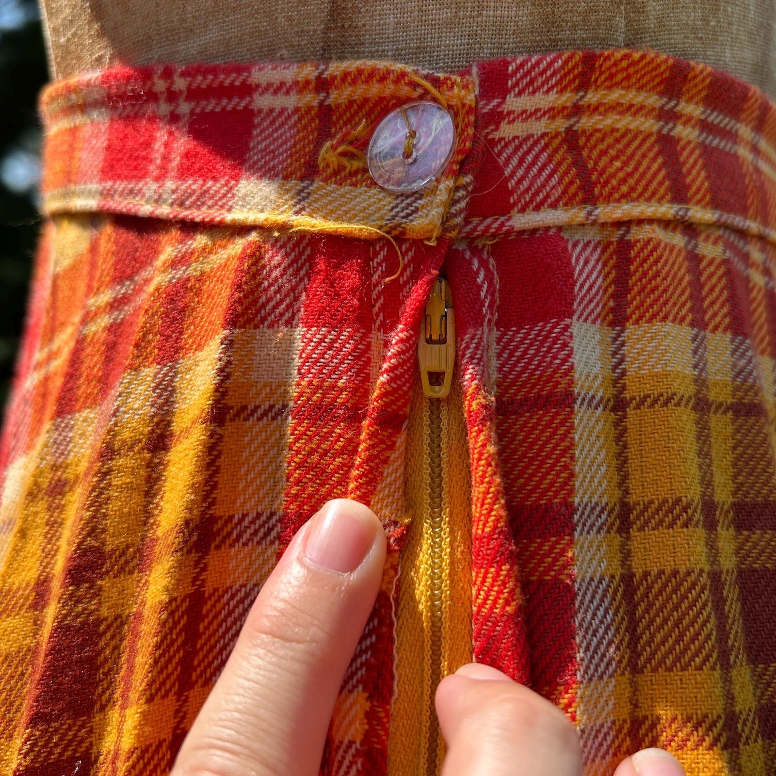 Vintage 60s Red Orange Plaid Accordion Fan Pleat High Waist Full Maxi Skirt M