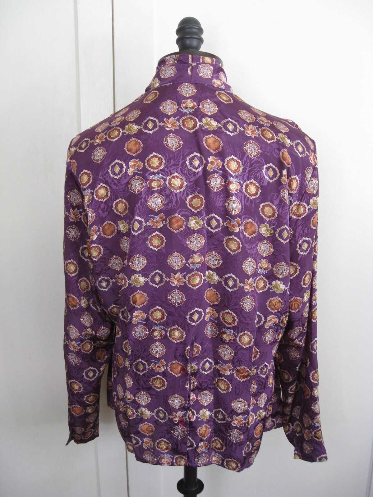 Vintage Purple Silky Blouse Cowl Medallion Motif Pullover Size 10