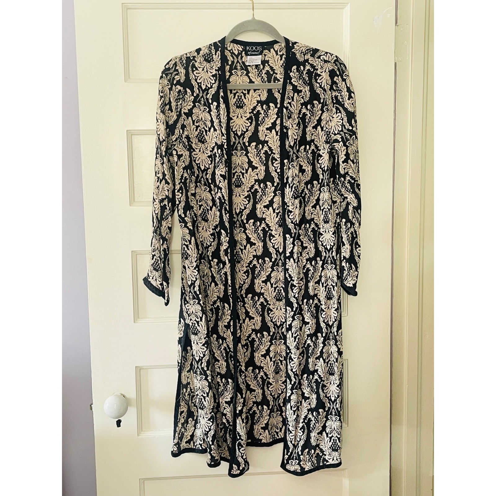Vintage KOOS Silk Duster Robe S Black Cream Damask Art to Wear Long Jacket