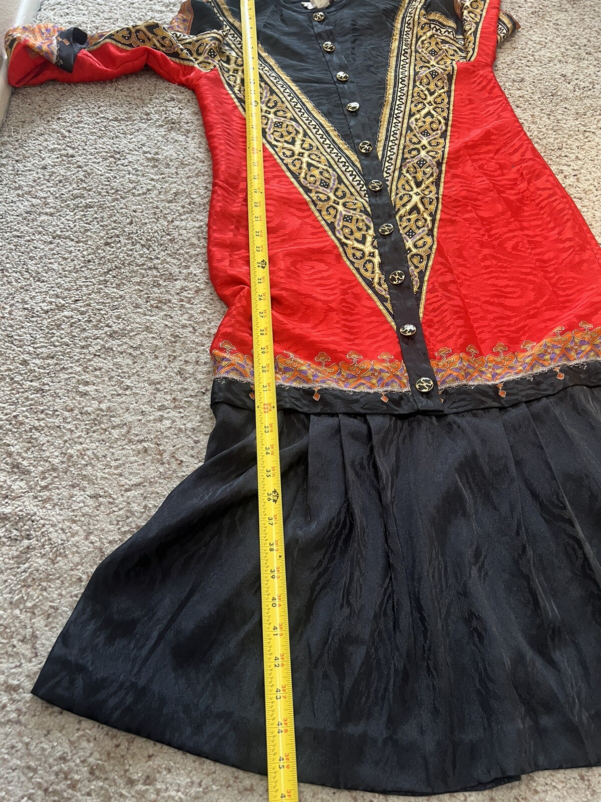 Vintage 80s Anthony Sicari Red Black Long Sleeves Scarf Dress 12 USA Made