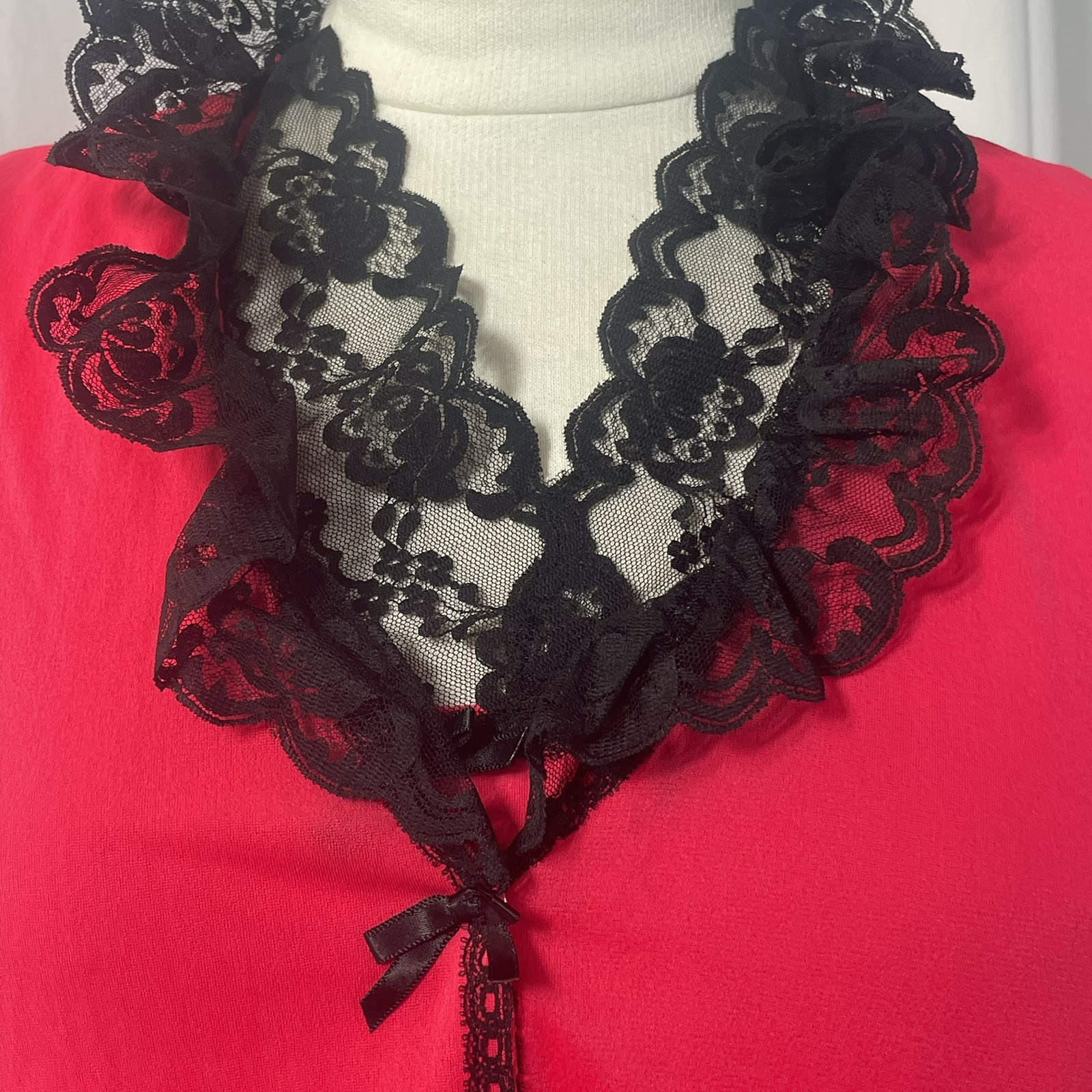 VTG Kayser Red Babydoll Nightgown Black Lace Trim Small Coquette Sexy Pin-up