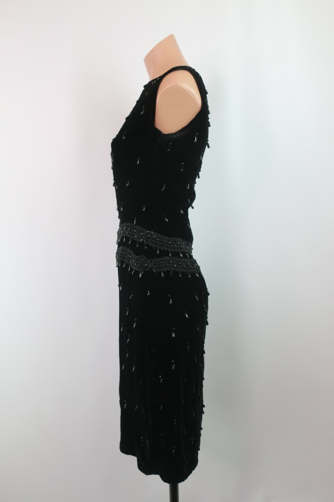 Vtg 70s 20s Flapper Tassel Sheath Gatsby Party Beaded Velvet Trophy Dress Sz S