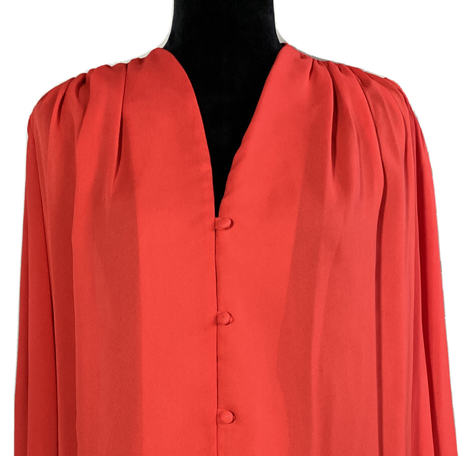 VTG Puccini Blouse Sz 8 True Red Button Loop Pleat Shoulder Long Sl Top Work USA