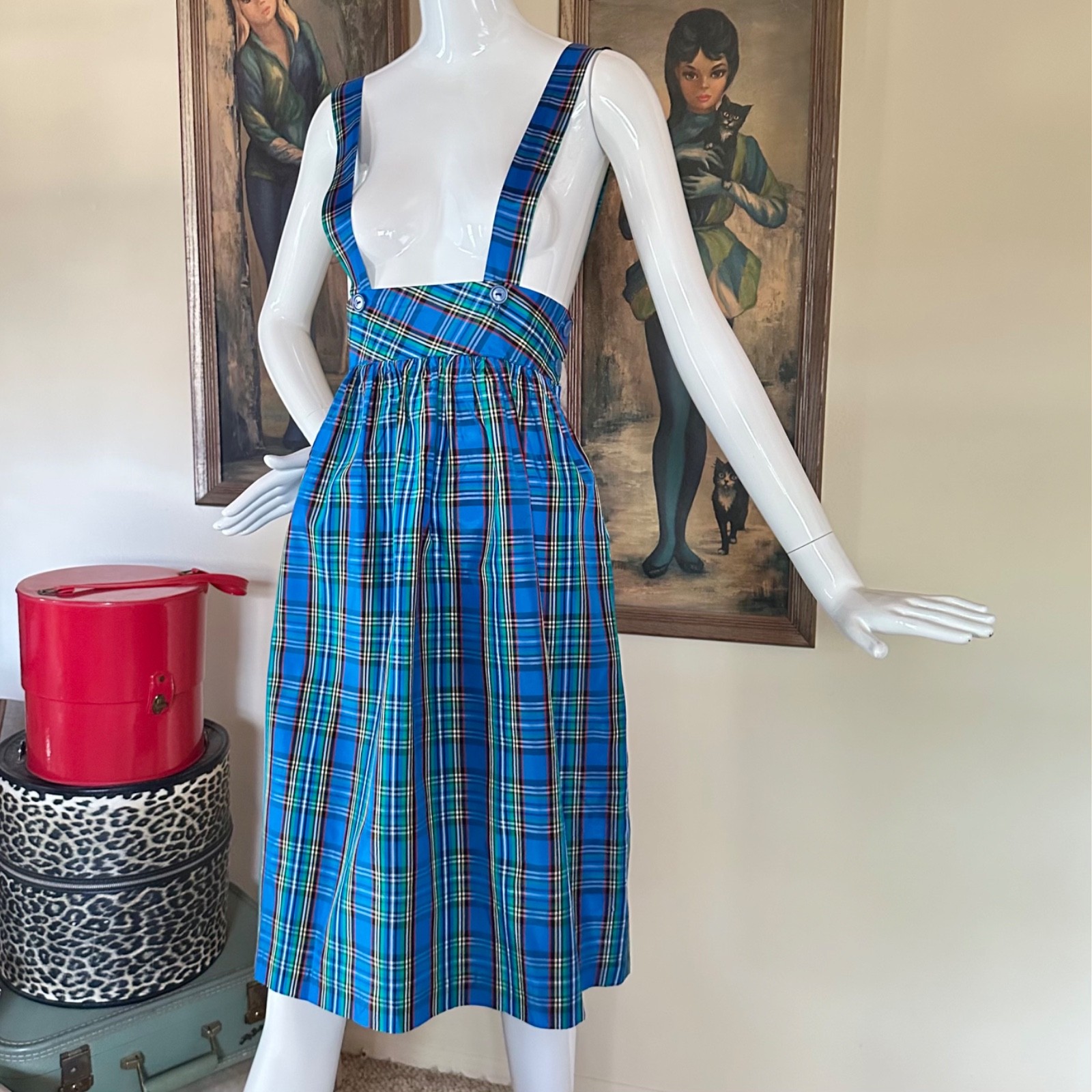Vintage 1980s Preppy Punk School Uniform Plaid Suspender Jumper Skirt Dress S