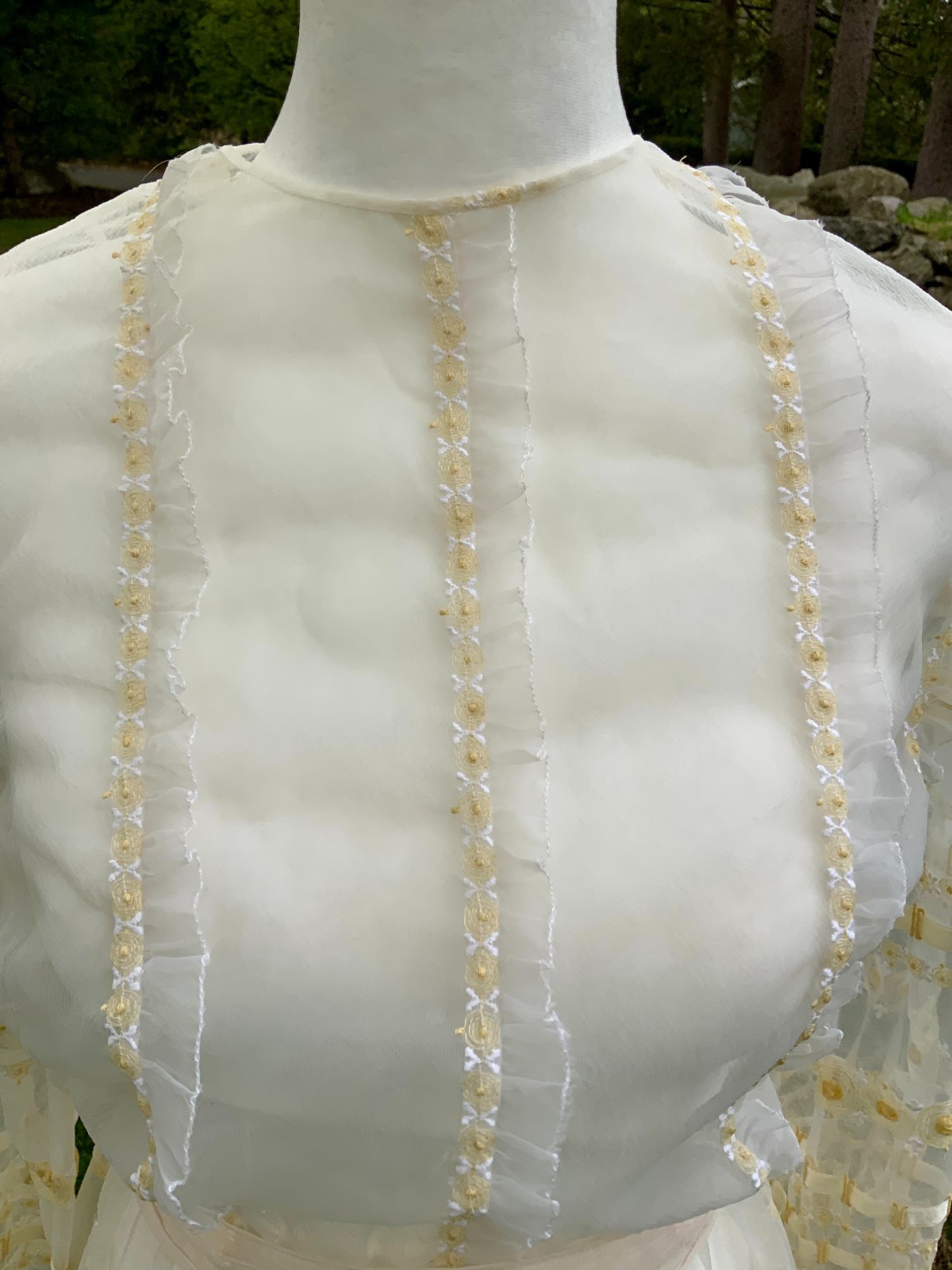 1970s Sheer Romantic Bridal Dress | Edwardian Revival Ivory with Ribbon