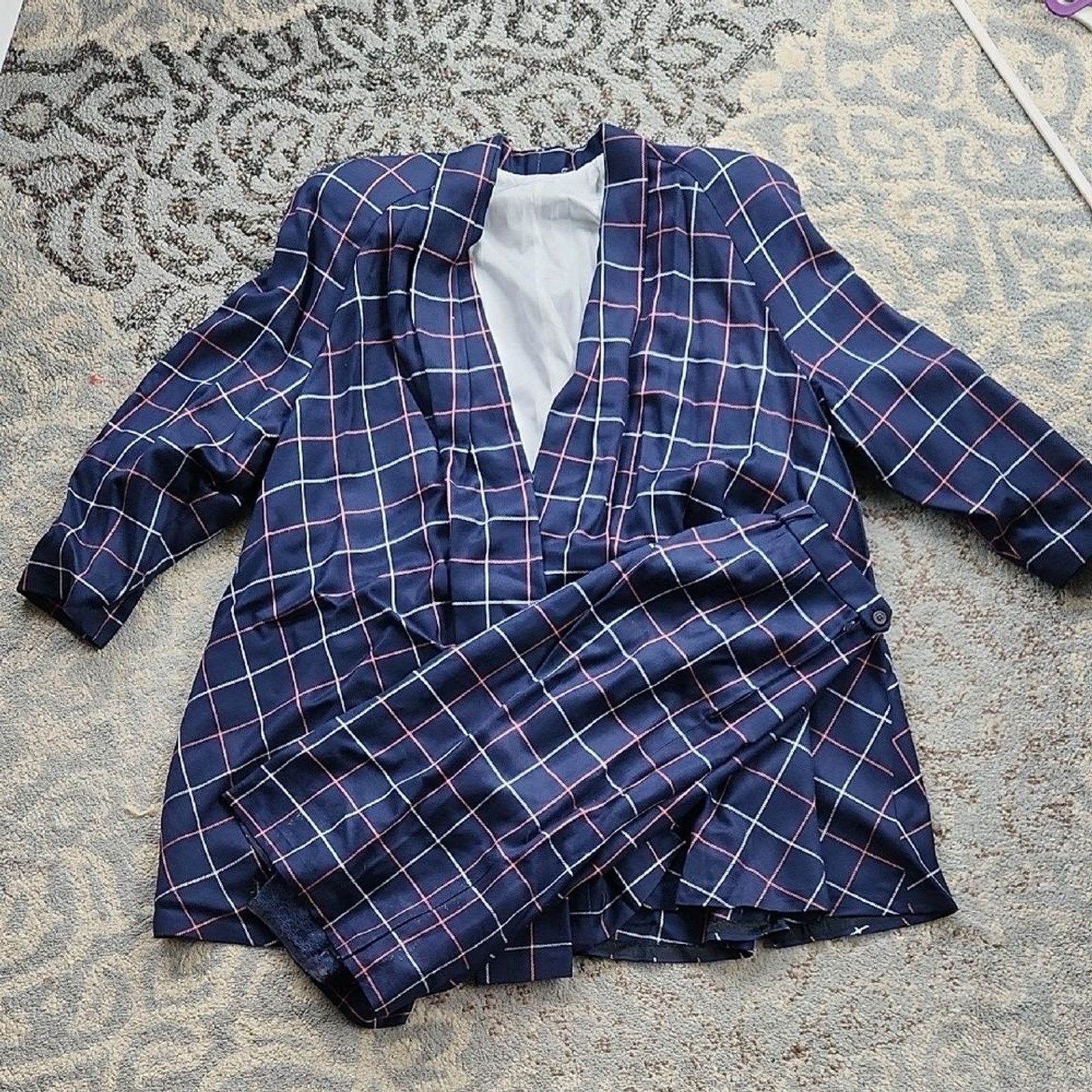 Vintage Rafael Plaid Blazer Skirt Suit Set Navy 16