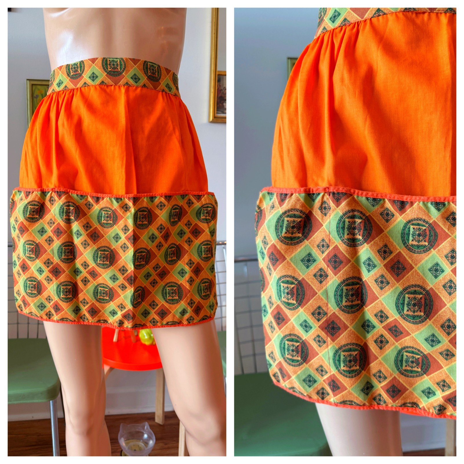 🍊 Vtg MCM Histess Kitsch Orange Novelty Geometric Half Tie Back Apron OSFM