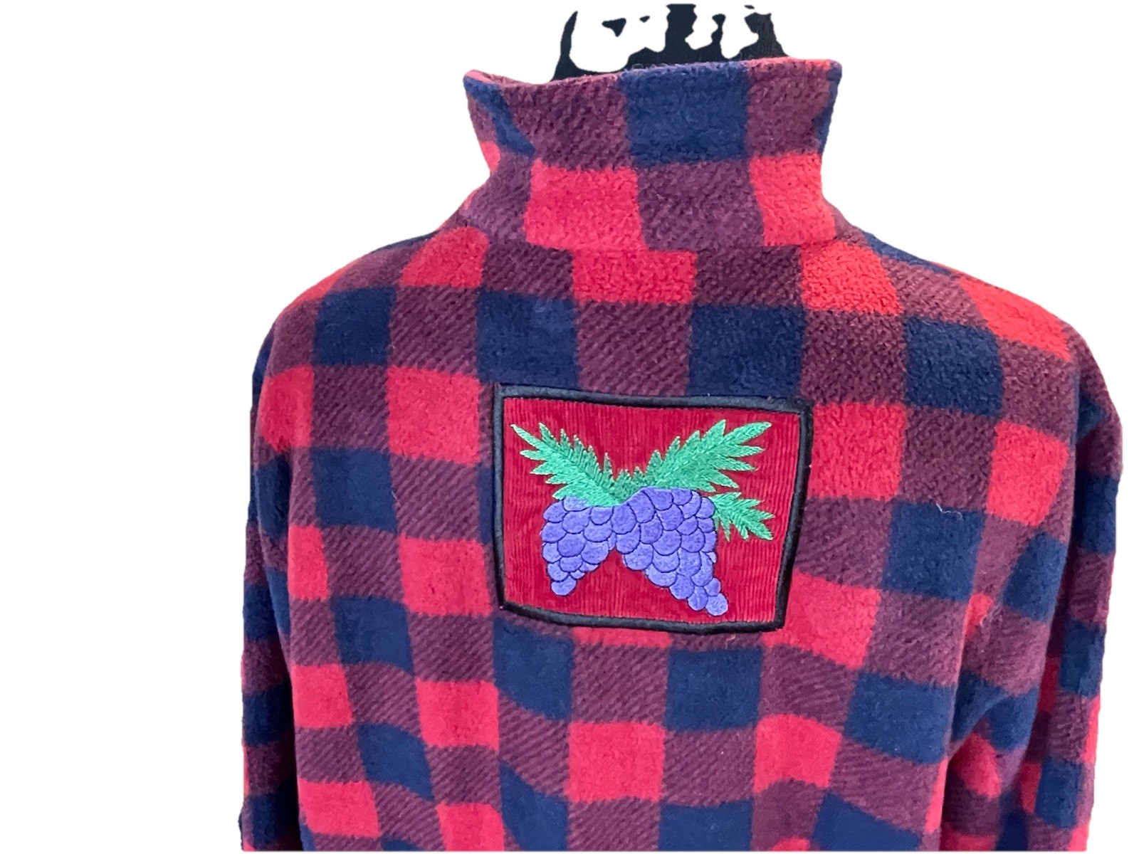 Quacker Factory Buffalo Plaid Fleece Quarter Zip Pullover Bird Embroidered M VTG