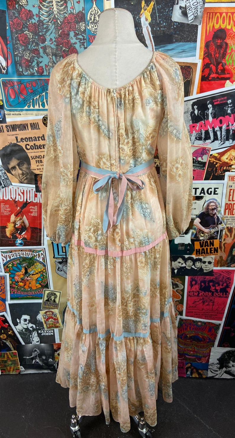 Vtg 70s Peach Pastel Ribbon Floral Spring Long Sheer Sleeve Maxi Dress Womens XS