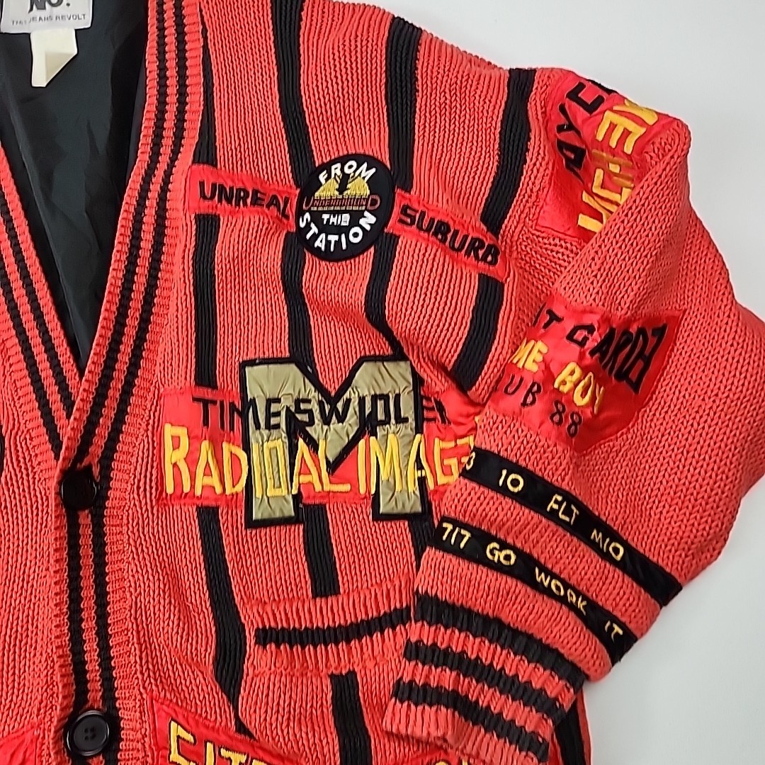 Vintage NO The JEANS REVOLT Red Embroidered funky Patched 80’s Cardigan LRG?