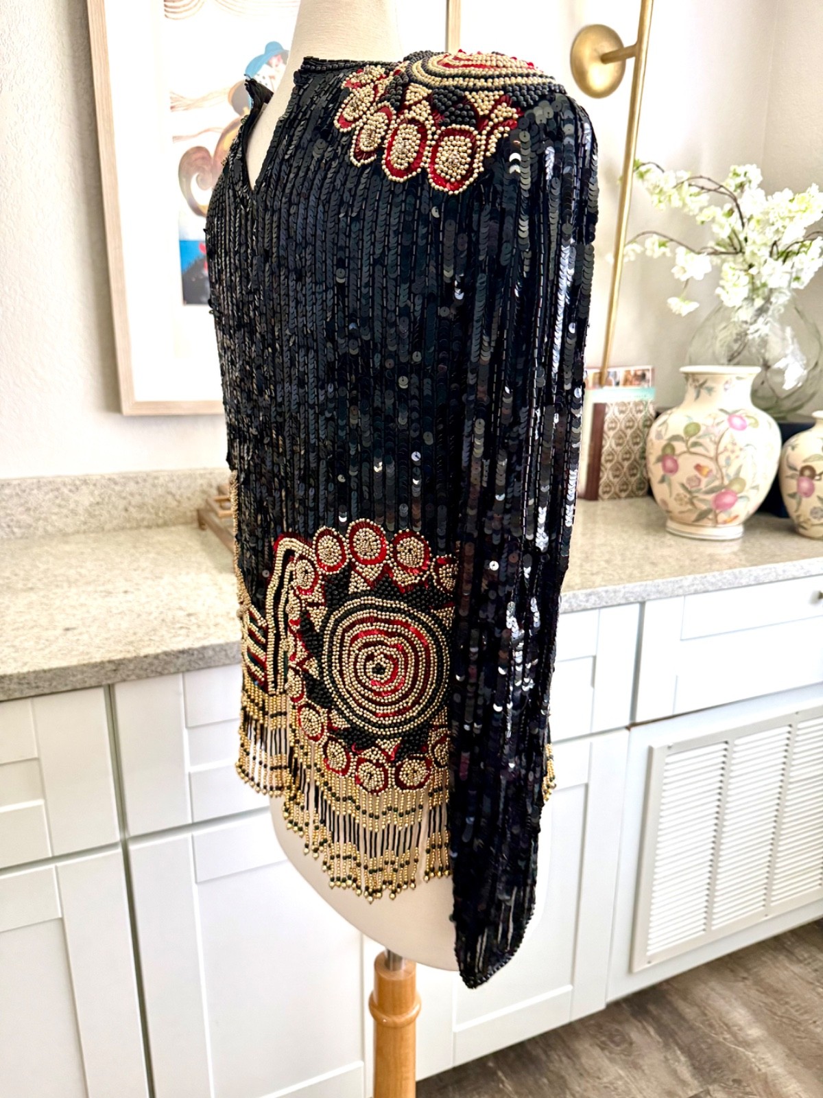 Vintage 80’s Niteline Beaded & Sequin Top Fringe sz S Black Gold Red