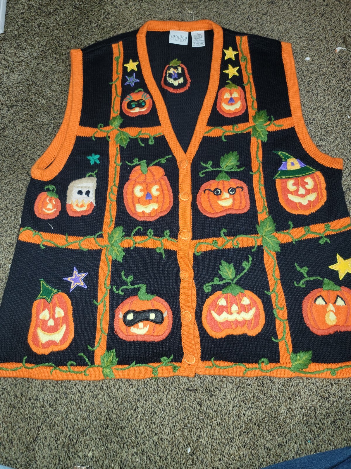 CAROLINA COLOURS FALL PUMPKIN HALLOWEEN VEST SZ L ORANGE BLACK