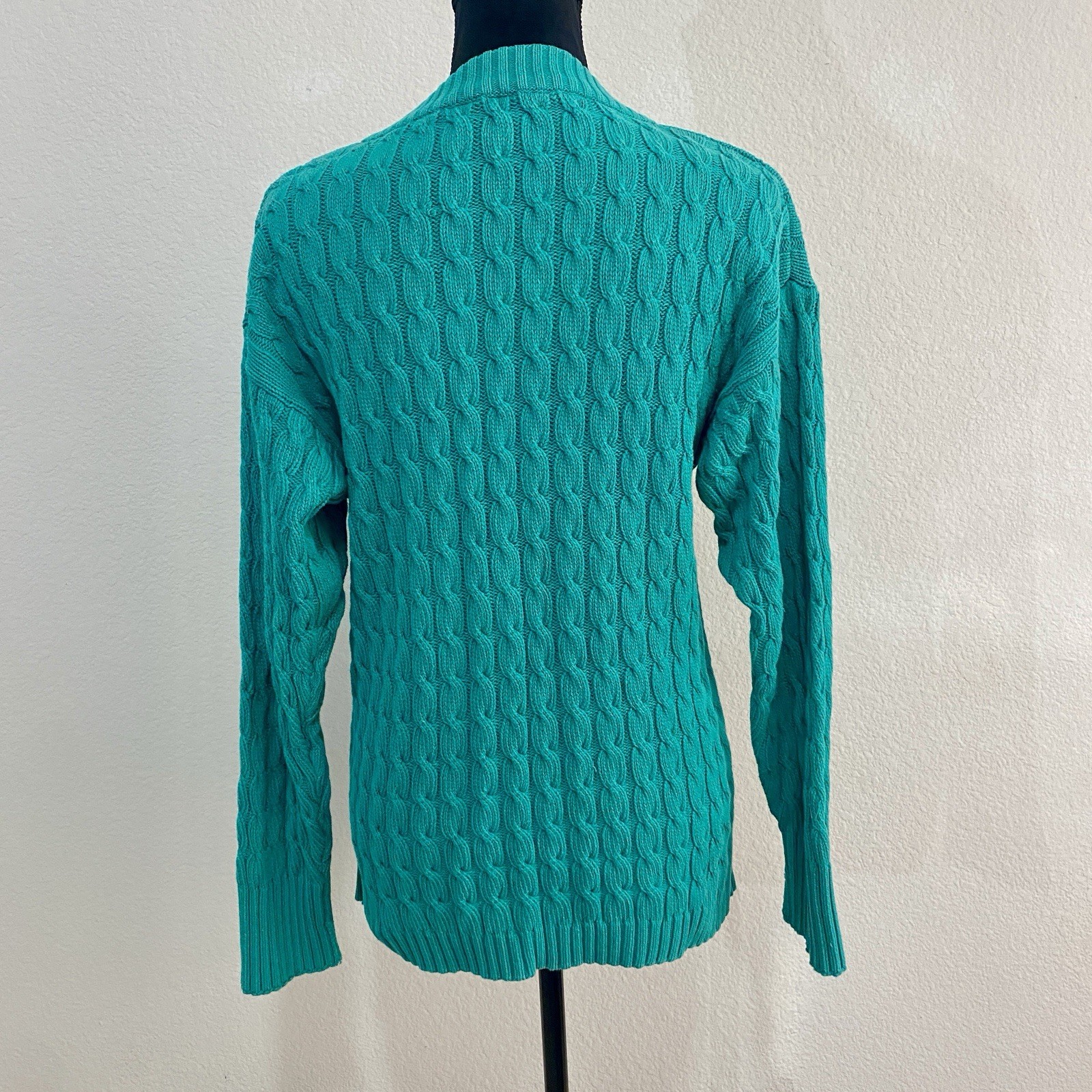 VTG Clifford & Wills Teal Green Cotton Cable Knit V-Neck Sweater Size M