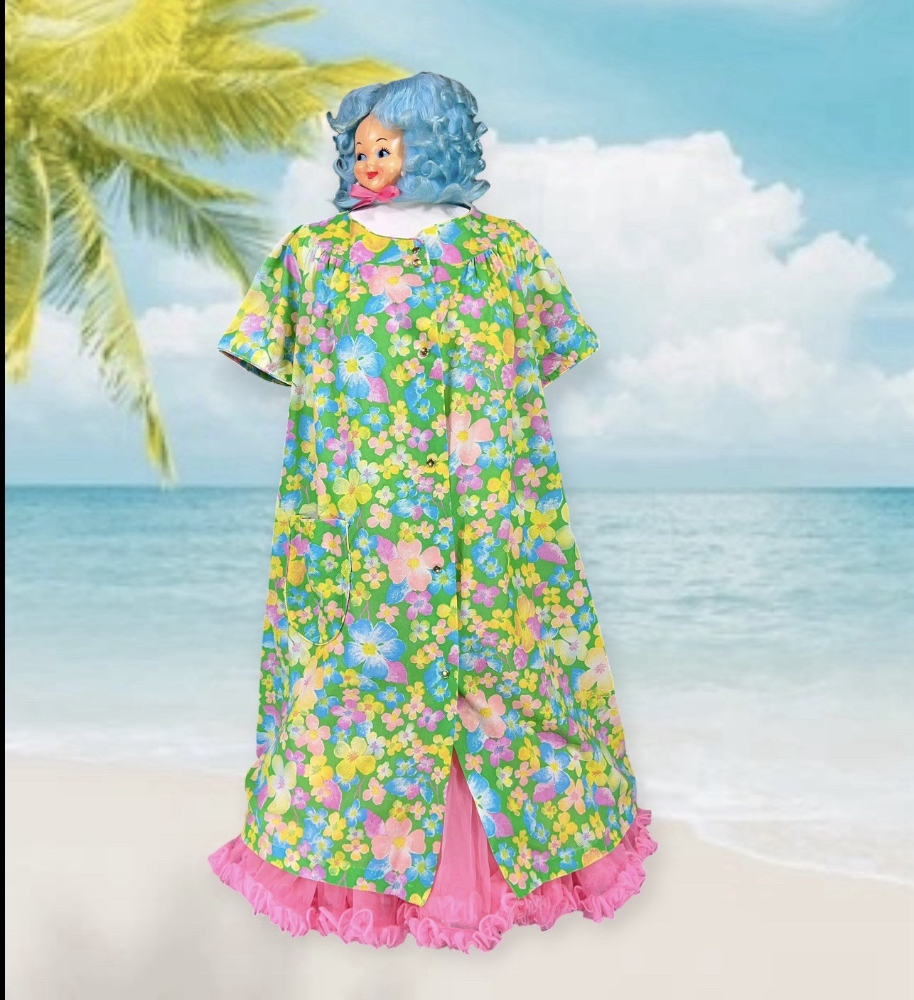 VTG 1960s MUUMUU FLOWER POWER HAWAIIAN HOUSE DRESS HIPPIE MOD ROCKABILLY W/ BELT