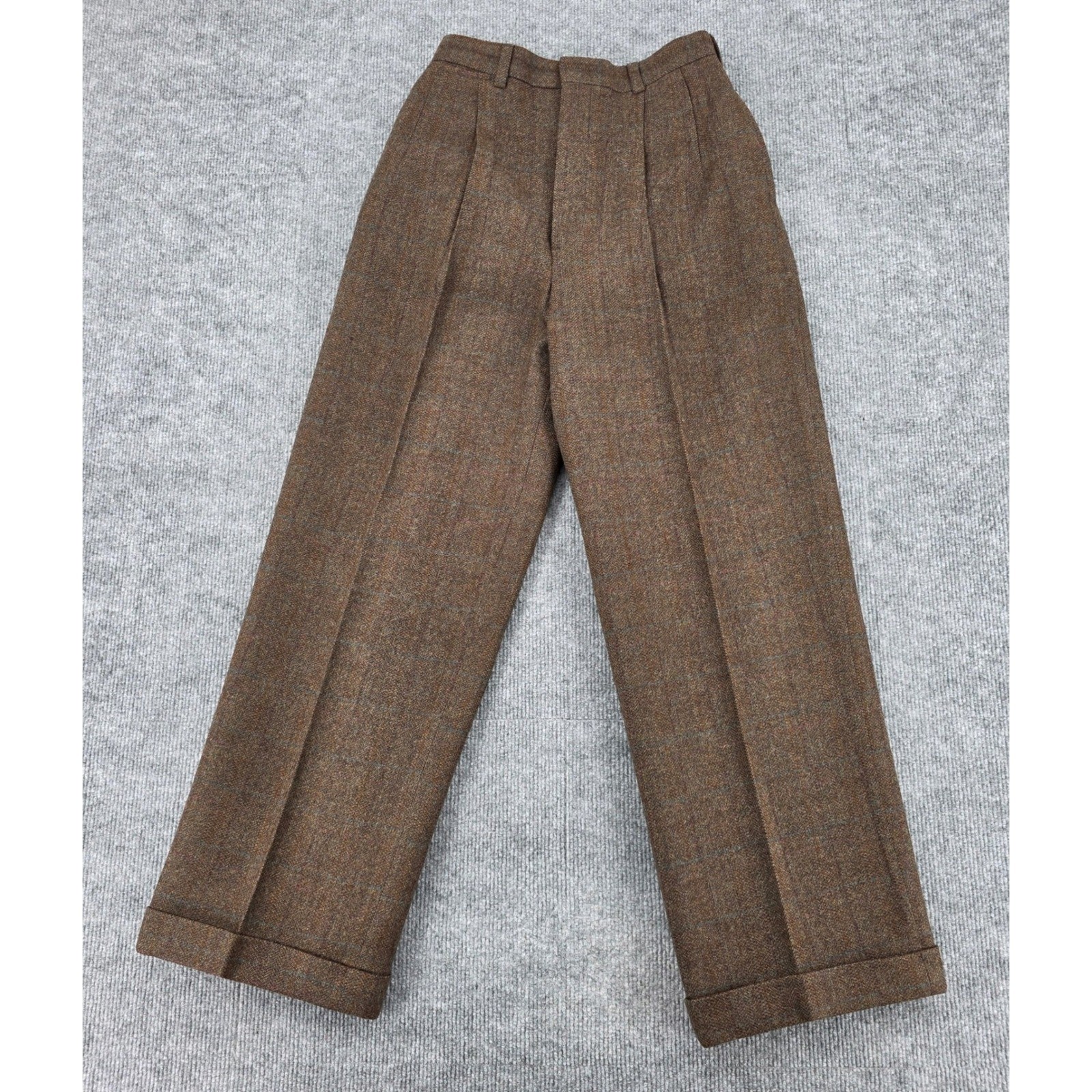Ralph Lauren Vintage Brown Wool Tweed Pleated Wide Leg Trousers USA Made Size 8