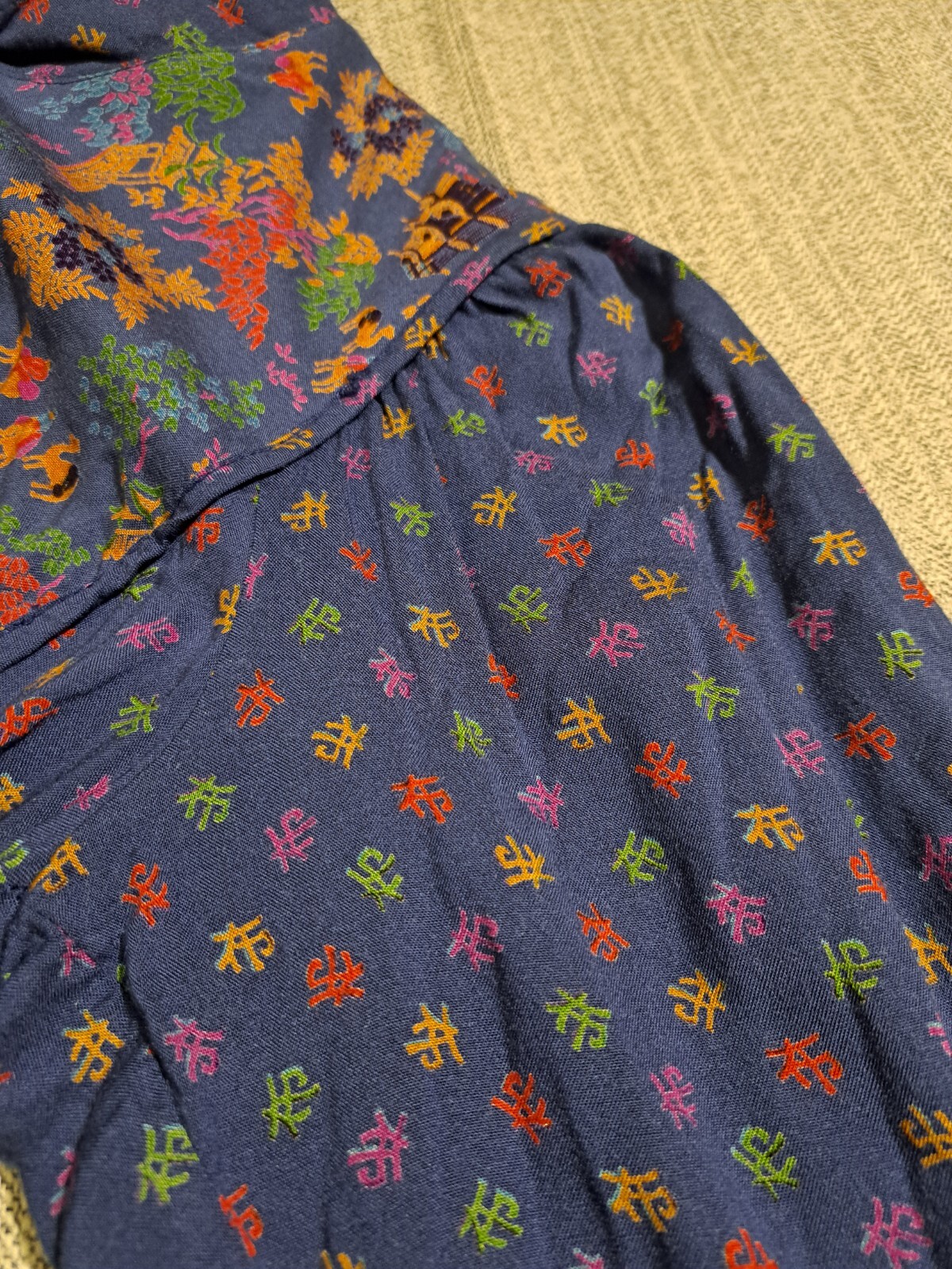 Vtg HUMMELSHEIM 1970s Long Sleeve Stand Collar Asian Pattern Blue Dress Sz 36