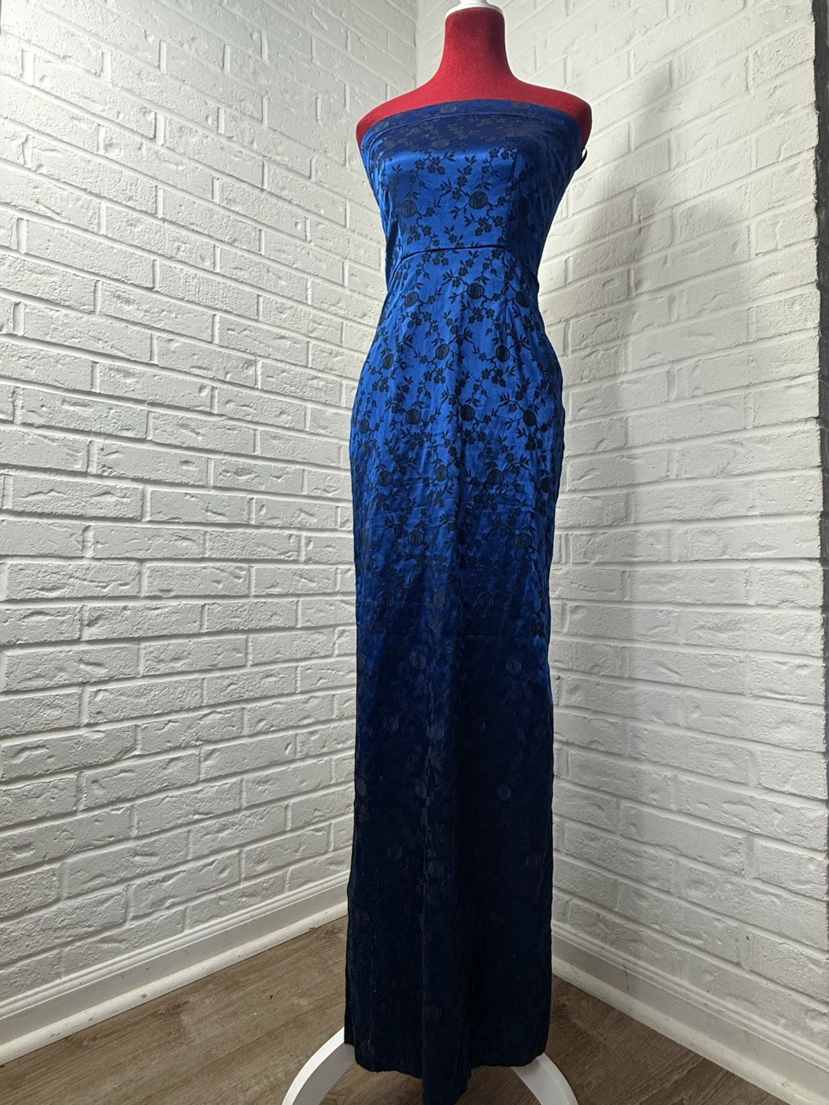 Vintage 90s L.A. Glo S Blue Black Floral Brocade Strapless Maxi Dress USA