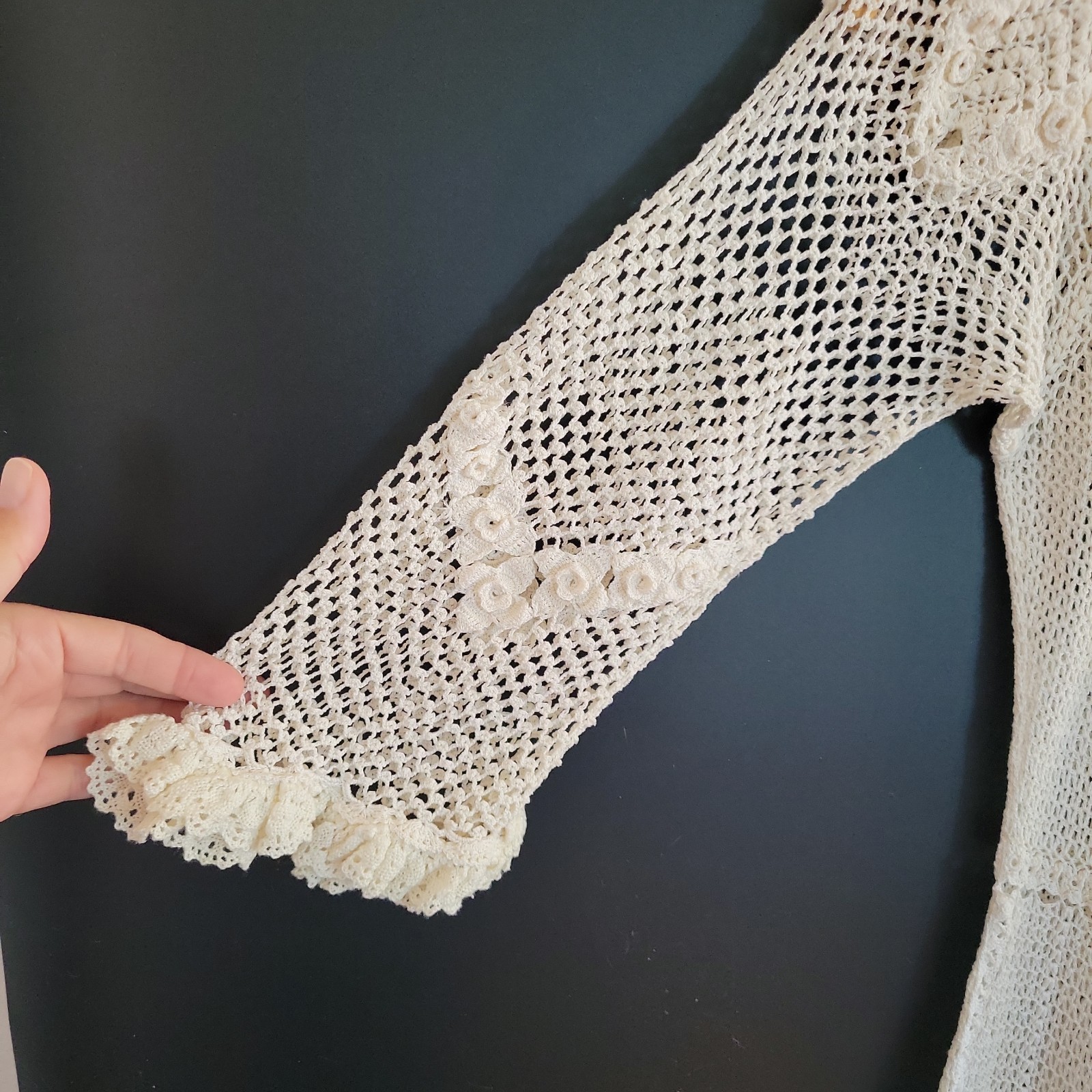 Vintage Handmade Crochet Lace Wedding Dress XS Small White Boho Sheer Overlay